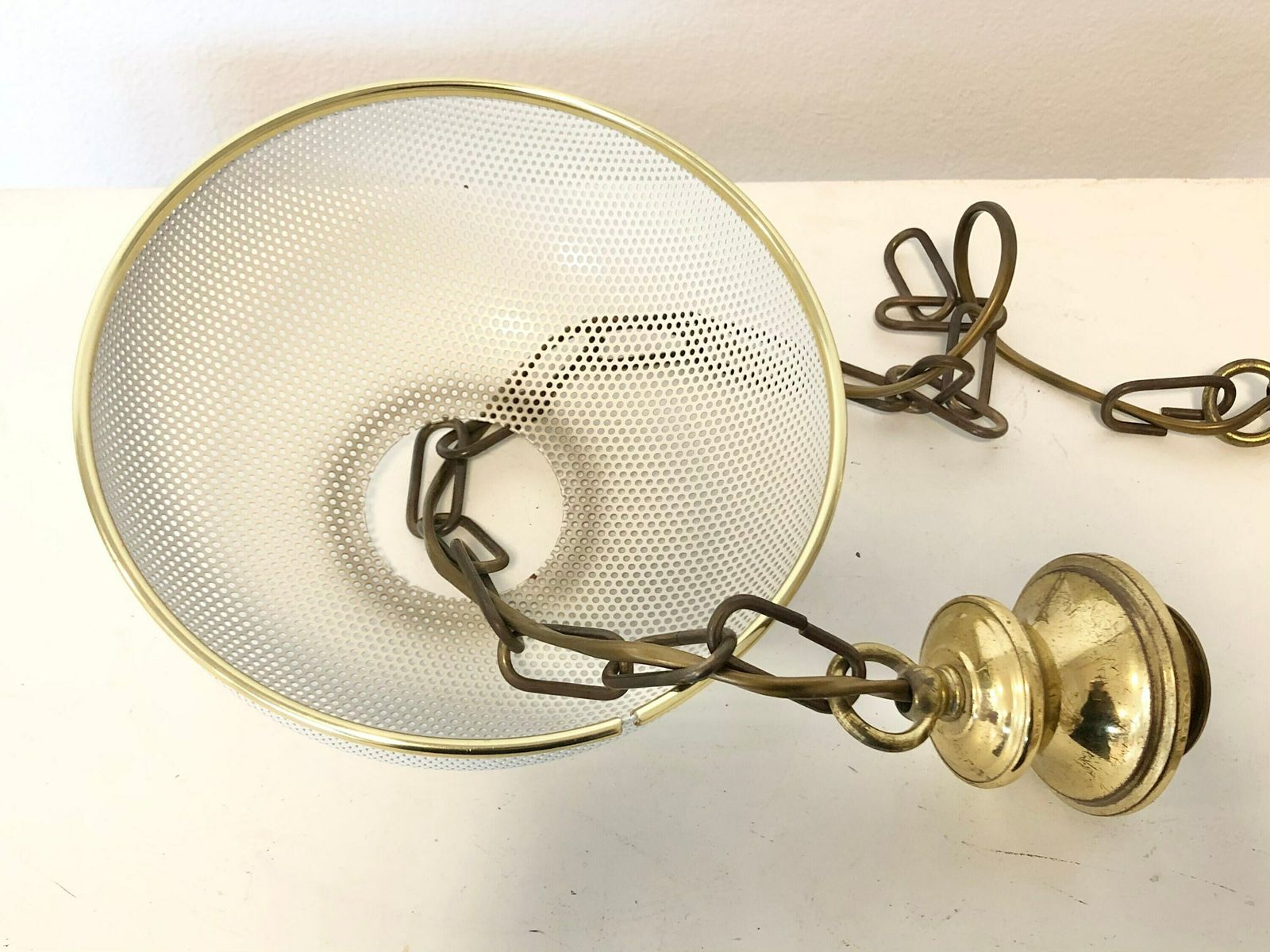 Danish Vintage Ceiling Lamp In White Perforated Metal And Great Design Details In Brass And Gold photo vinterior
