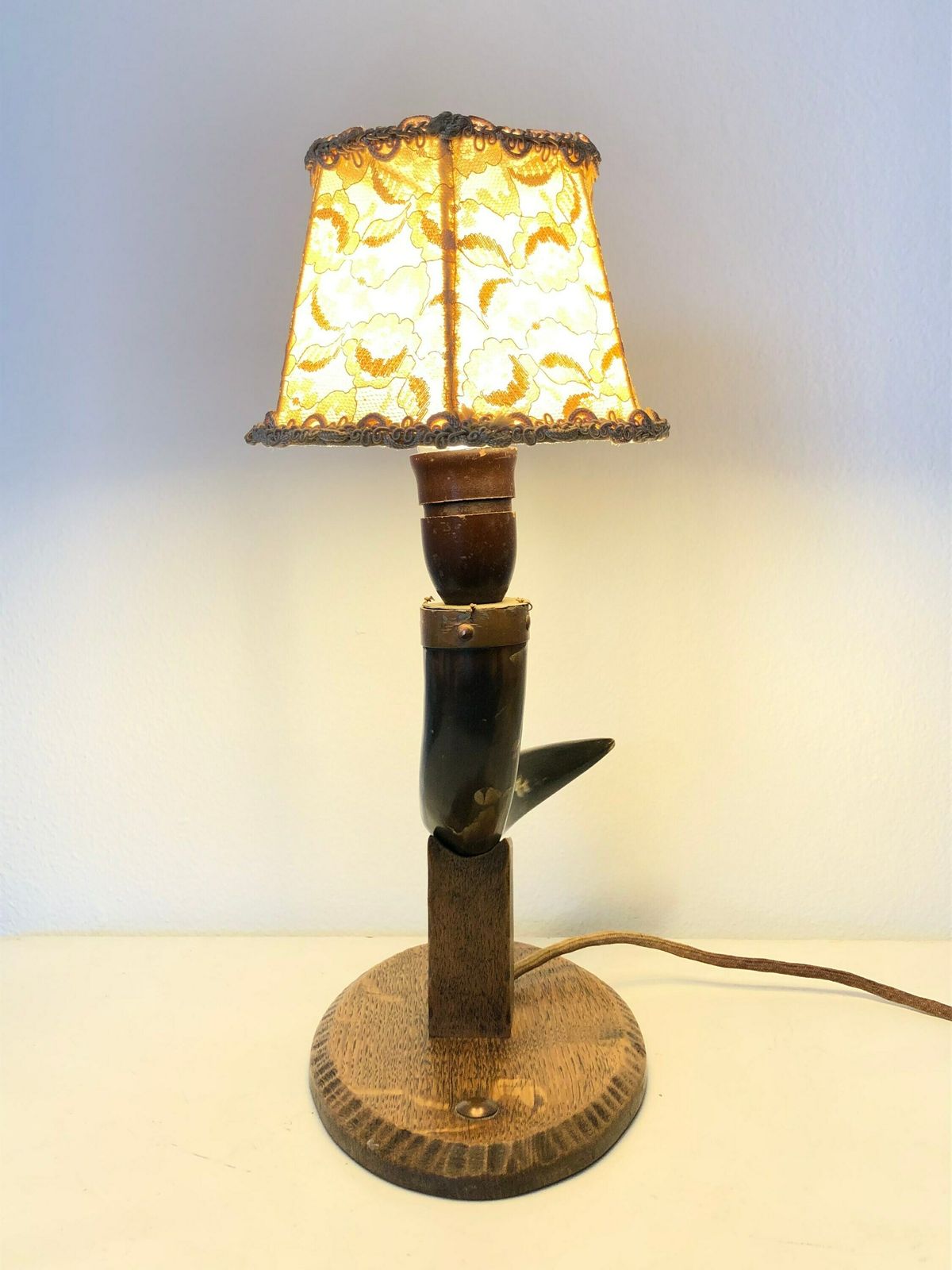 221.0 Beautiful Early Mid Century Danish Horn And Wood Table Lamp With Beautiful Shapes And Vintage Beige Lace Fabric Shade photo