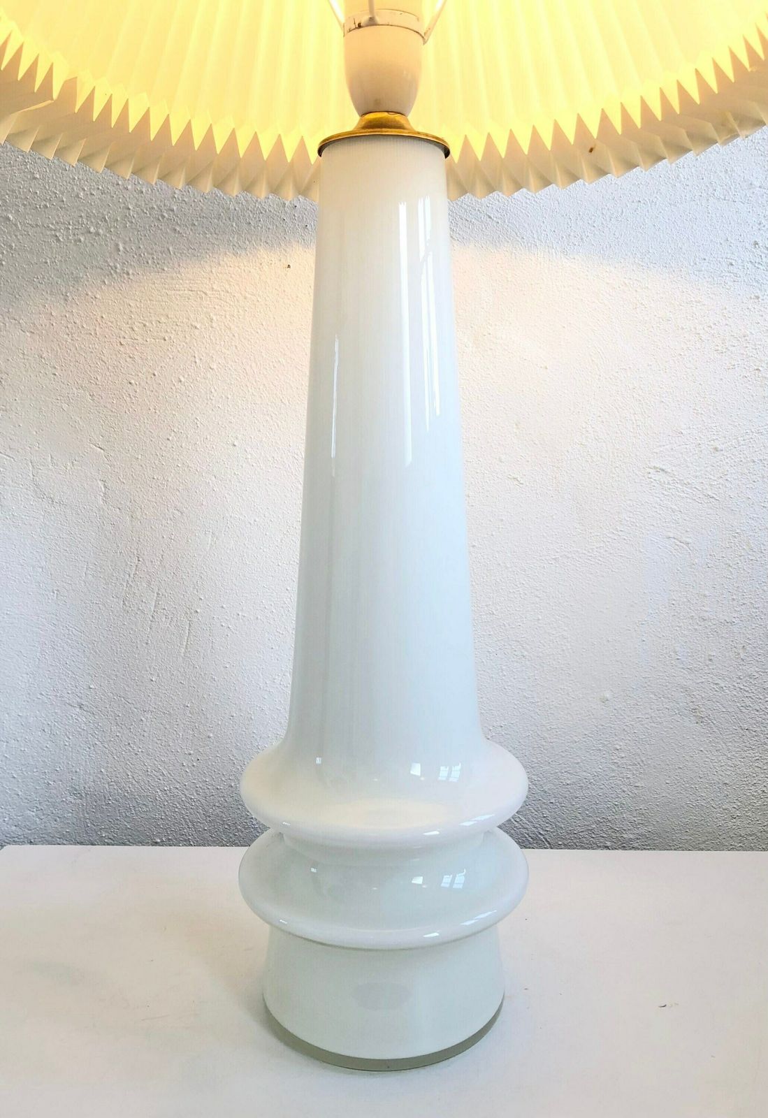 Danish Mid Century Huge White Glass Table Lamp With Large Le Klint Off White Pleated Shade photo Lighting