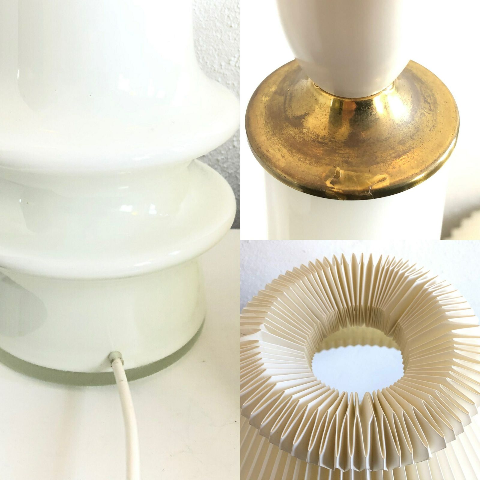 Danish Mid Century Huge White Glass Table Lamp With Large Le Klint Off White Pleated Shade photo vintage