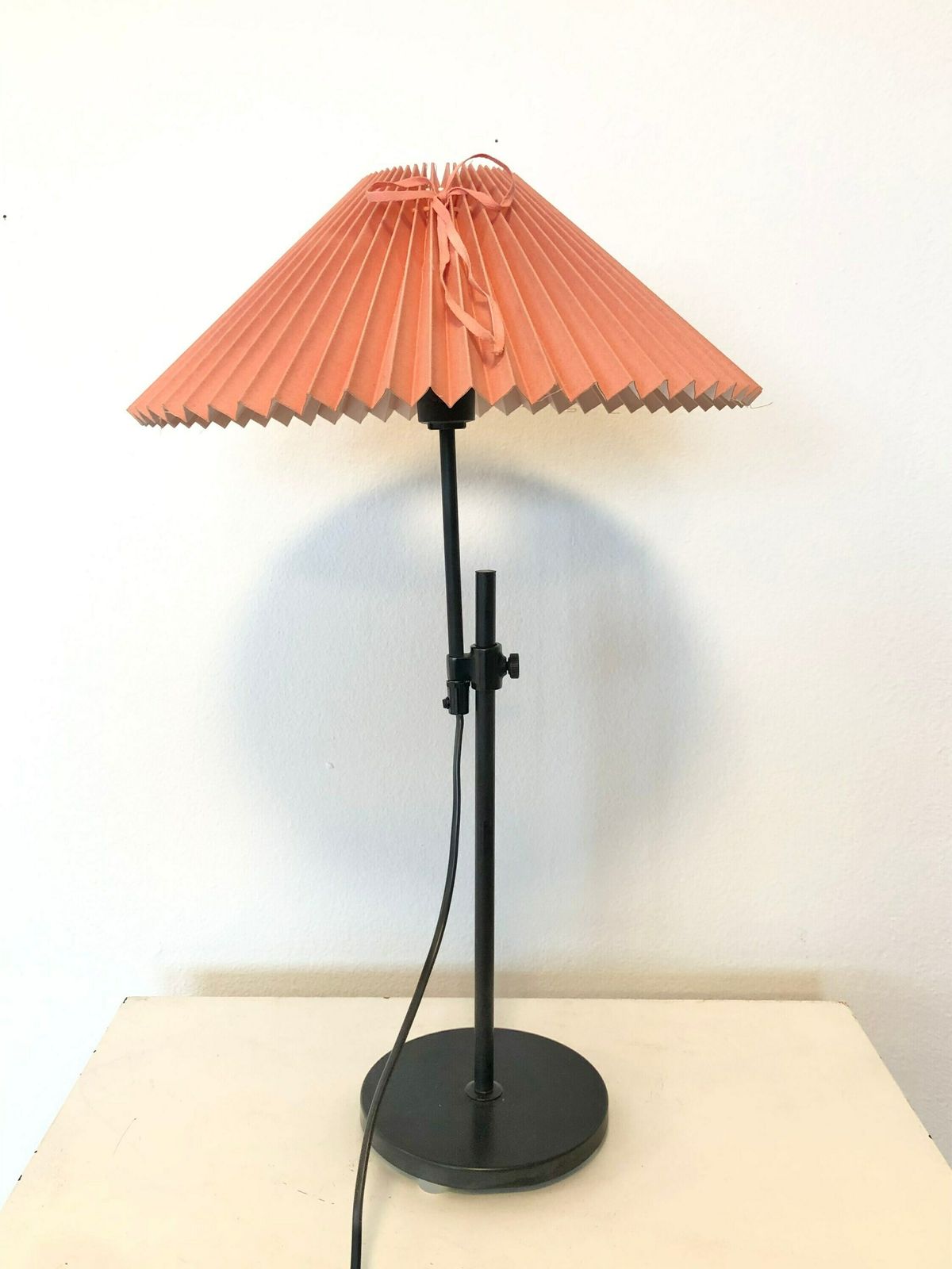 Danish Modernist Table Lamp With Heavy Black Painted Iron Base And Cute Coral Pleated Vintage Fabric Shade photo Lighting