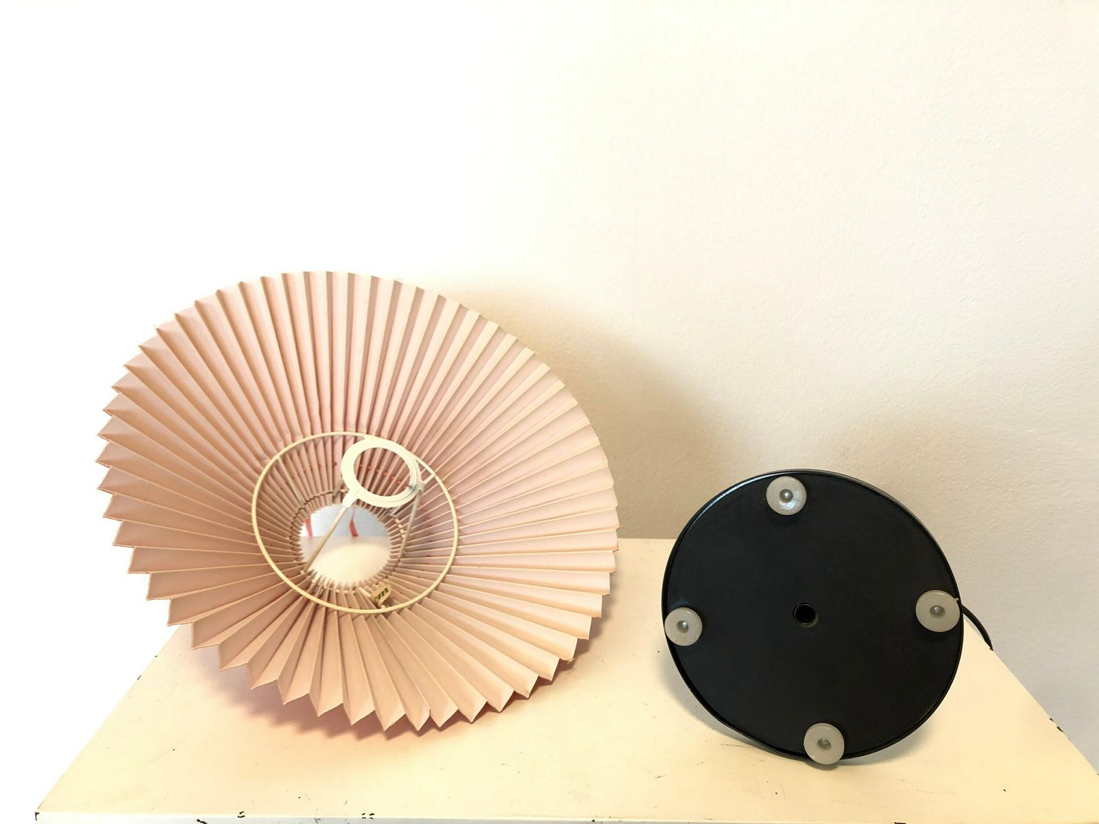 Danish Modernist Table Lamp With Heavy Black Painted Iron Base And Cute Coral Pleated Vintage Fabric Shade photo vintage