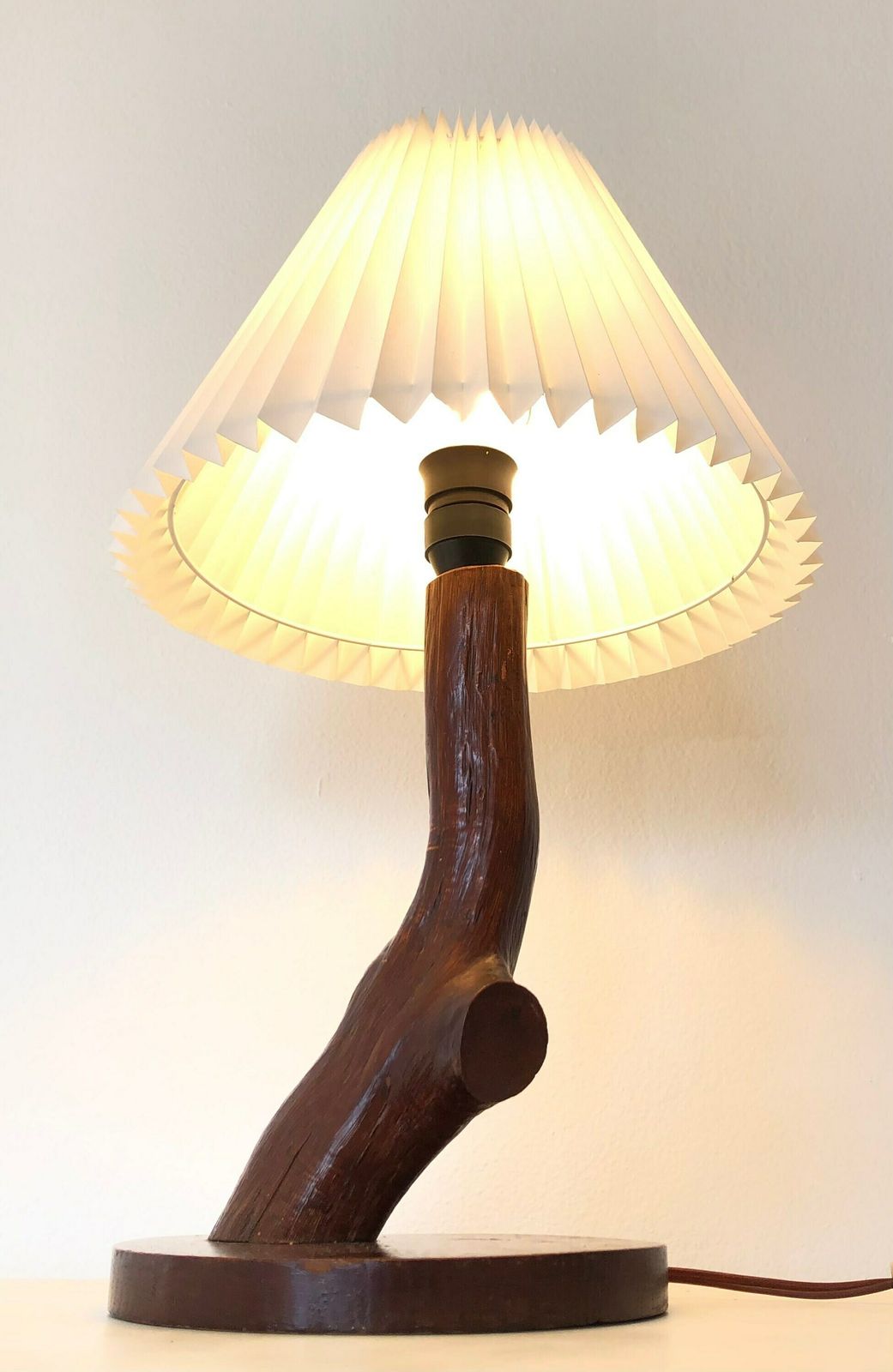 Vintage Danish Mid Century Table Lamp In Wood With Organic Assymetric Shape And White Pleated Shade photo buy
