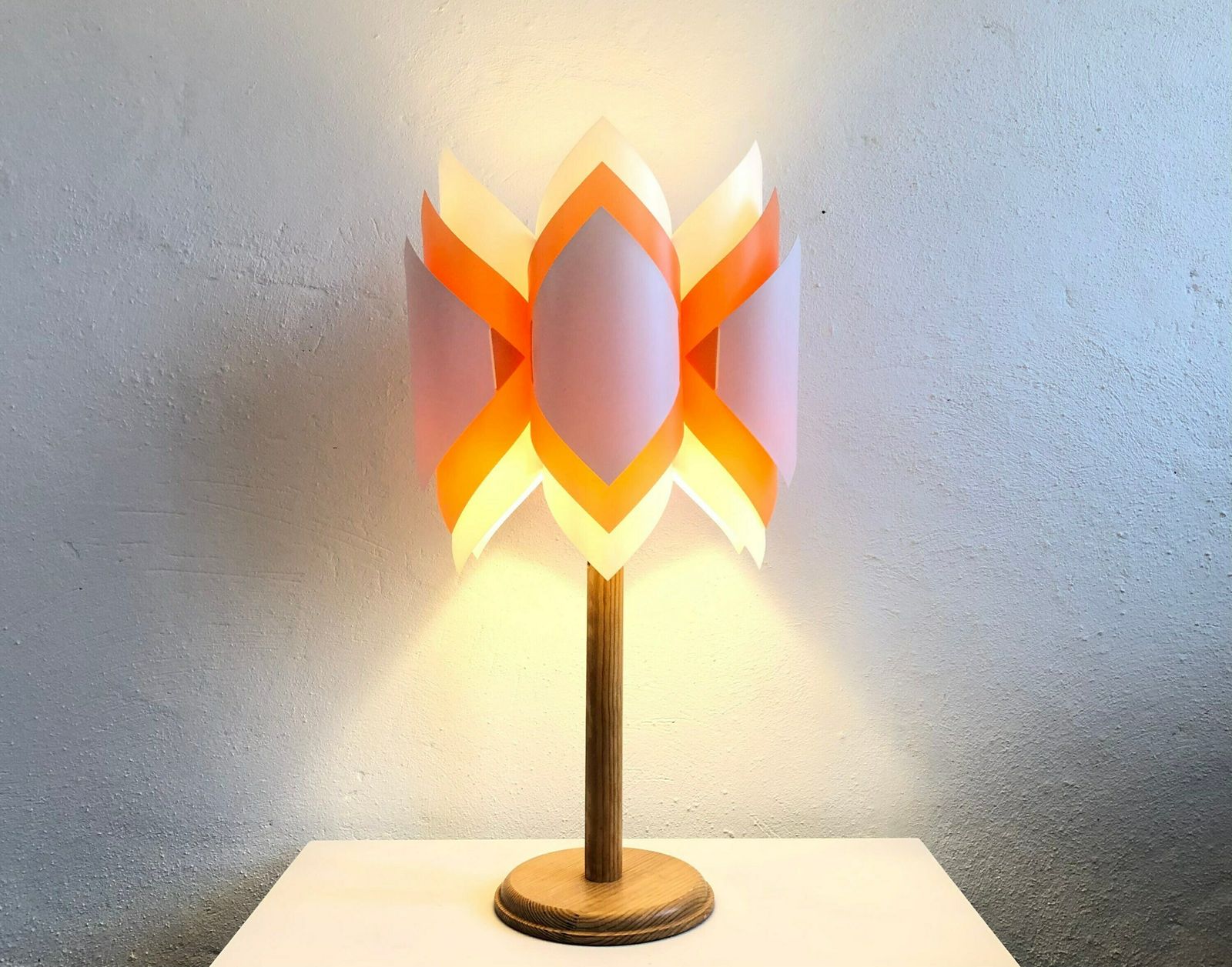 Mid Century Danish And Swedish Collaboration Table Lamp With Orange/White Plastic Shade By Lars Schiøler And Vintage Wood Base By Ikea