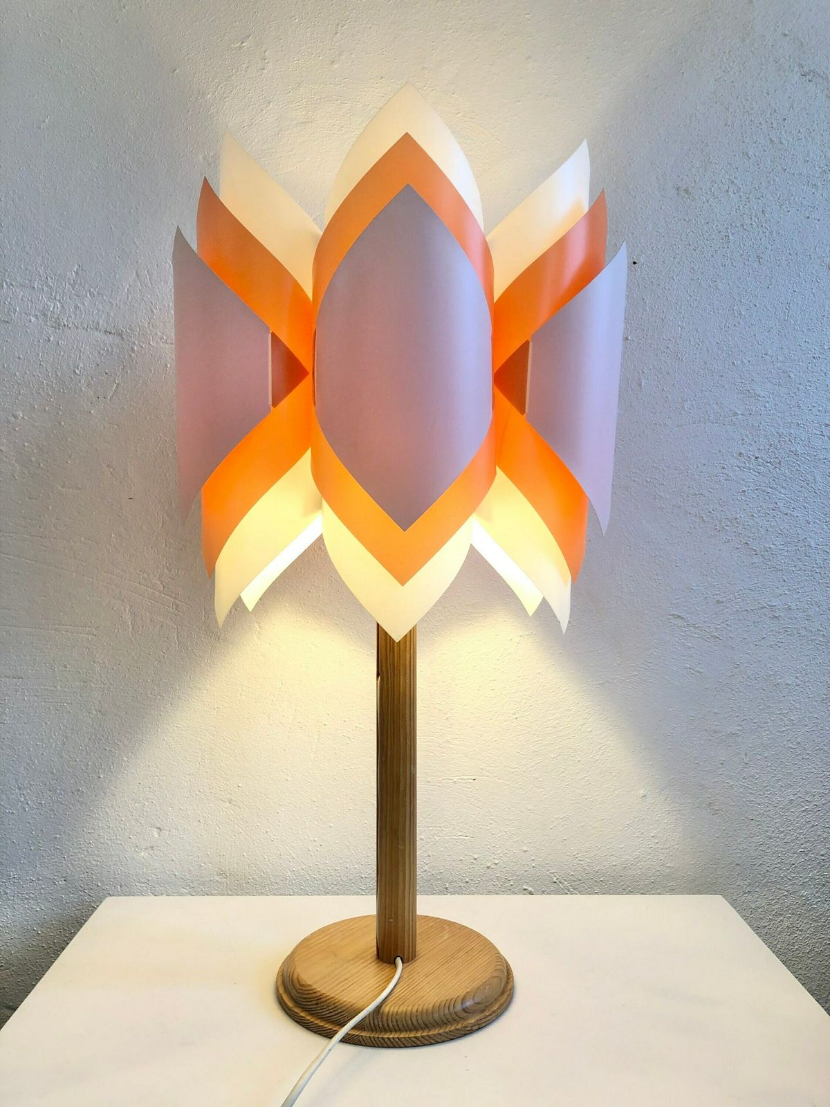Mid Century Danish And Swedish Collaboration Table Lamp With Orange/White Plastic Shade By Lars Schiøler And Vintage Wood Base By Ikea photo vinterior