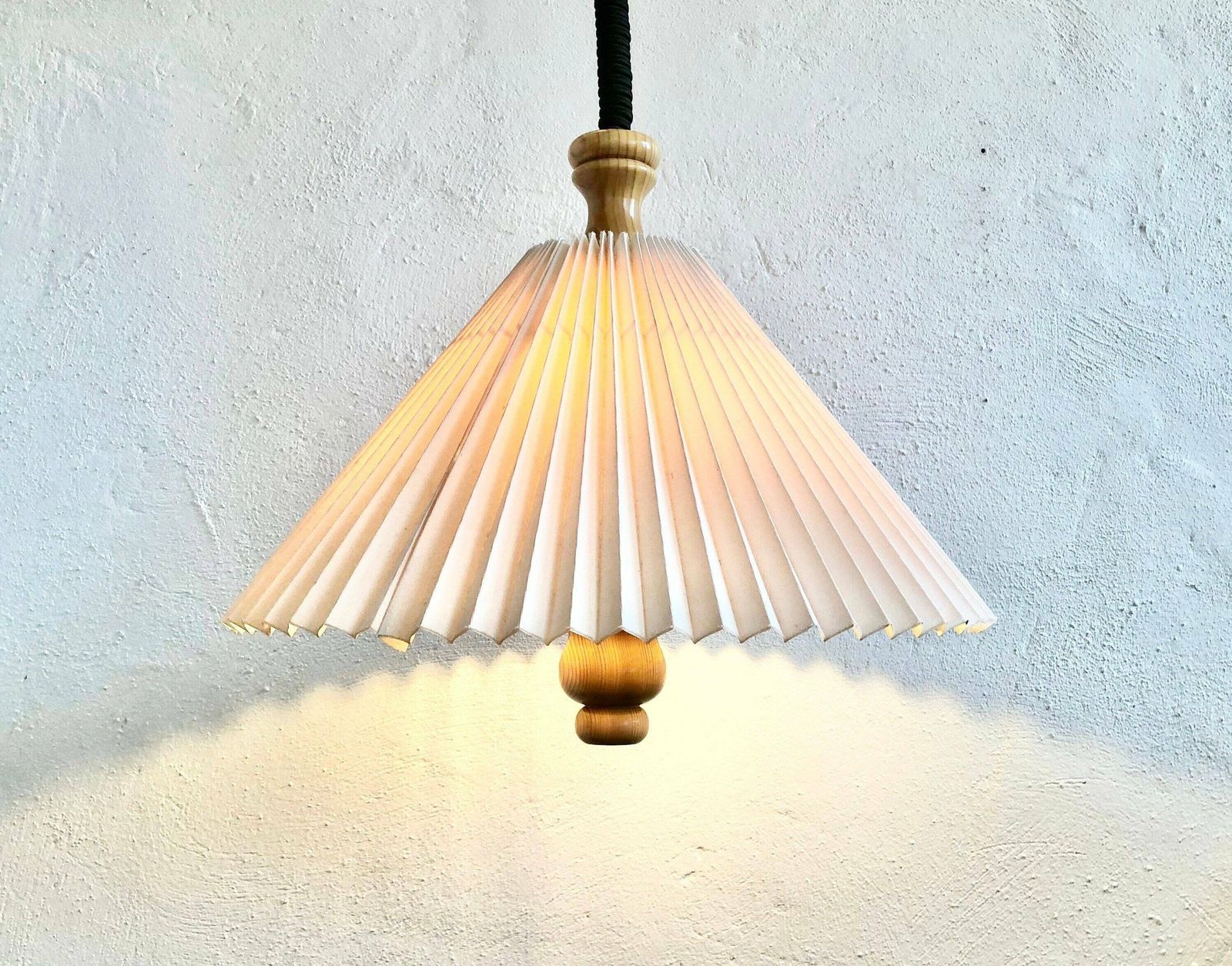 Danish Mid Century Vintage Ceiling Lamp With Large Beige Pleated Shade And Wood Details
