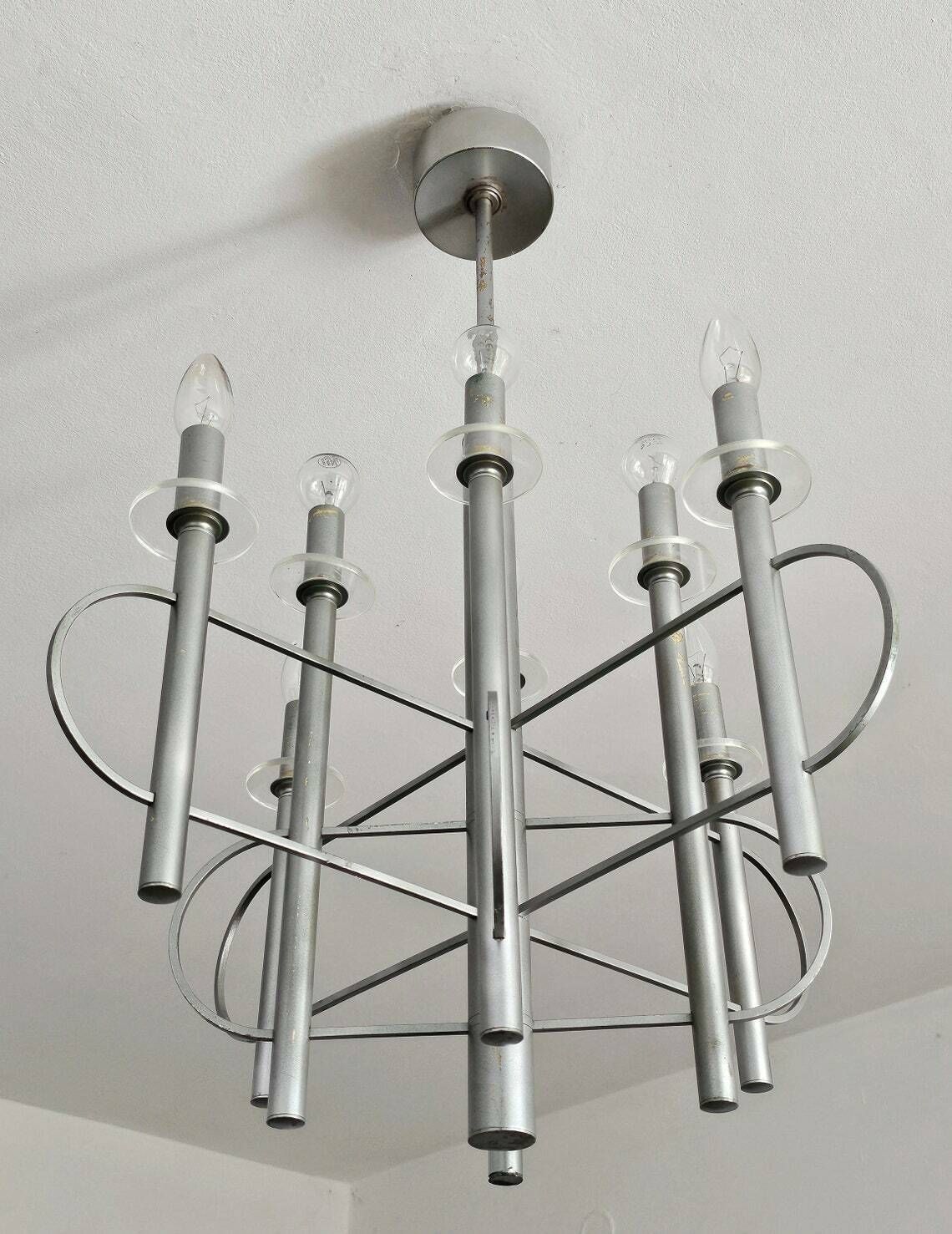photo for sale Minimalist Space Age 8 Arm Chandelier By Gaetano Sciolari Shaped As An Atom // Made In Italy In 1960s