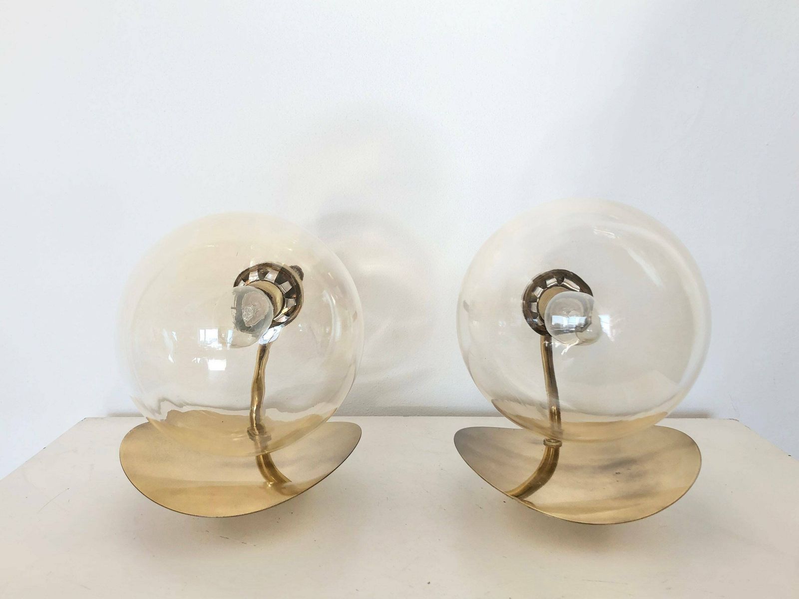 Pair Of Golden Elegant Danish Mid Century Art Deco Design Wall Lamps With Globe Glass Shades   Design By Tr&Co, Denmark photo buy