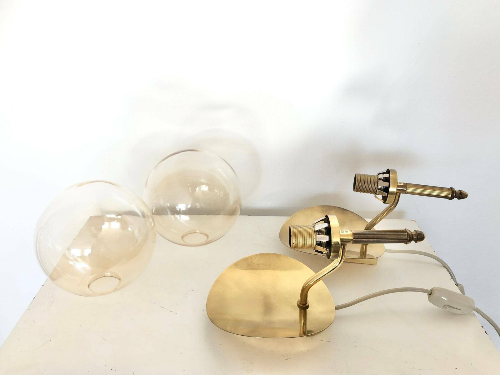 Pair Of Golden Elegant Danish Mid Century Art Deco Design Wall Lamps With Globe Glass Shades   Design By Tr&Co, Denmark photo vintage
