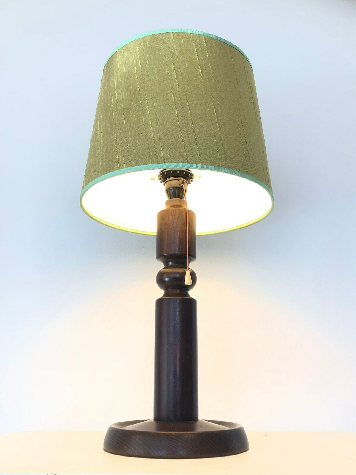 Vintage Danish Mid Century Large Wooden Table Lamp In Great Design With Beautiful Green Fabric Shade photo furniture