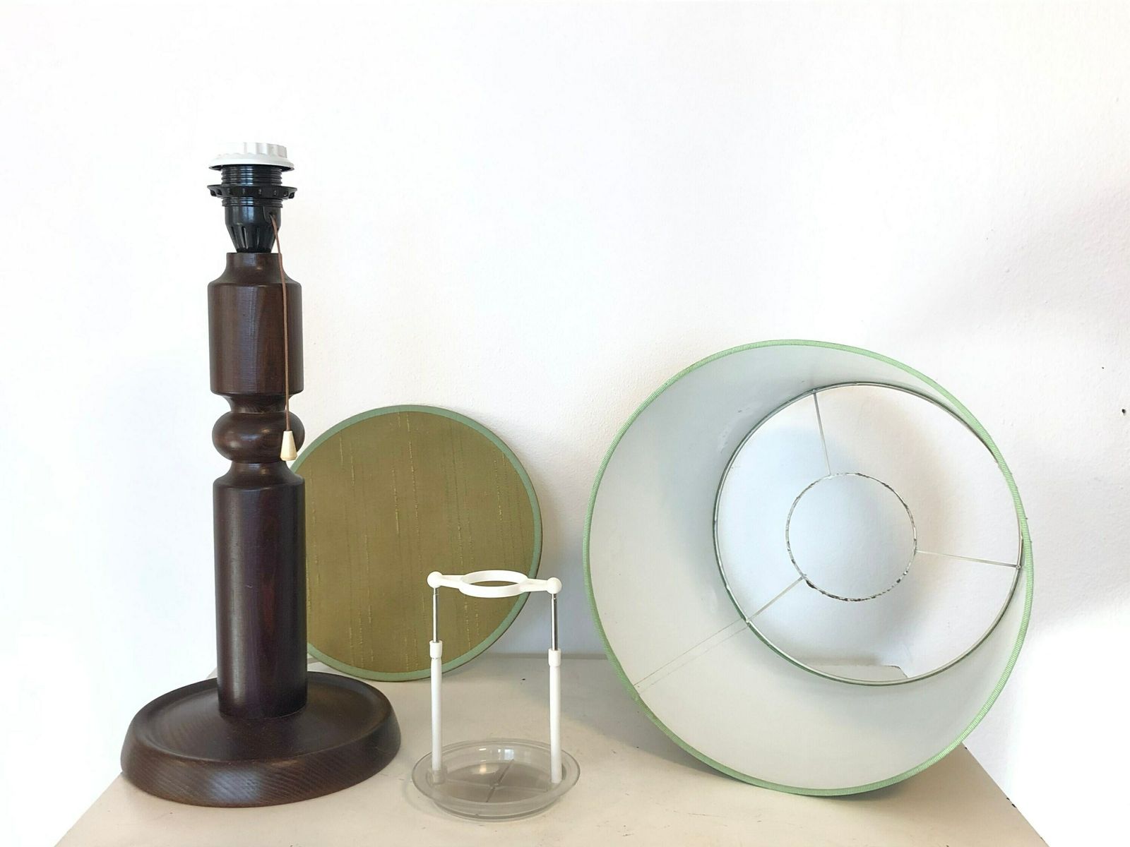 Vintage Danish Mid Century Large Wooden Table Lamp In Great Design With Beautiful Green Fabric Shade photo vinterior