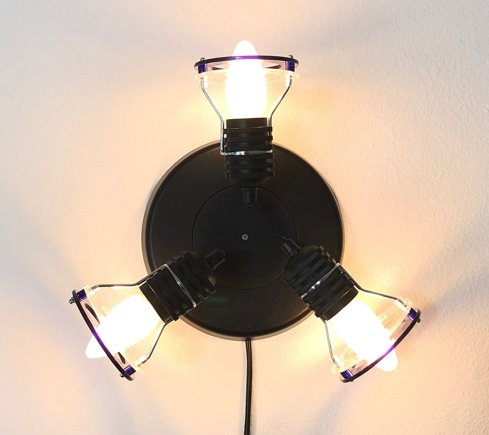 Cool Space Age Style Vintage Ceiling Or Wall Spot Lamp In Black Plastic With Acrylic Blue And Transparent Shades photo for sale