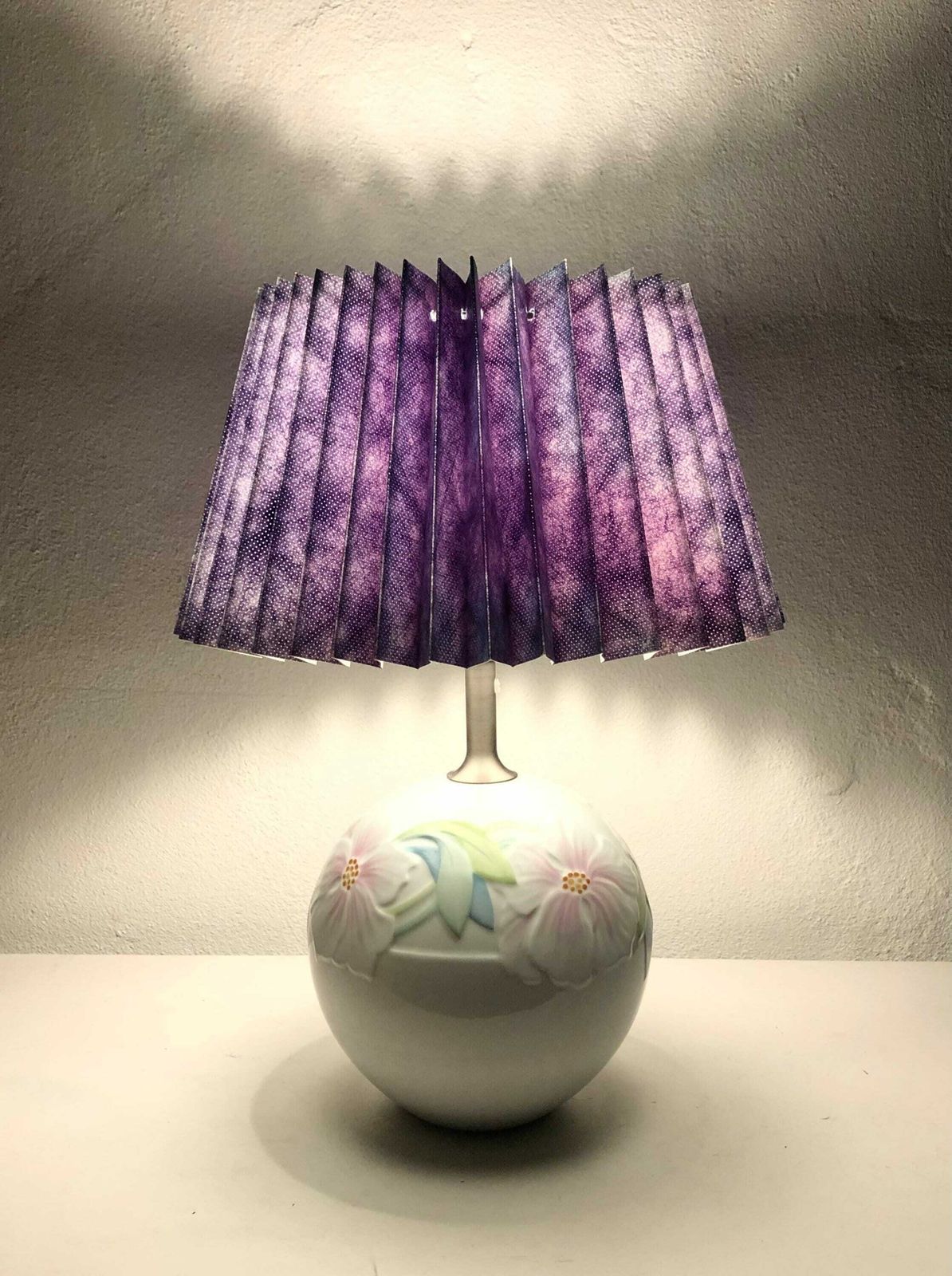 Royal Copenhagen Deauville Vintage Danish Porcelain Table Lamp With Floral Decoration And Purple Shade   Design By Annegrete Halling Koch photo vinterior