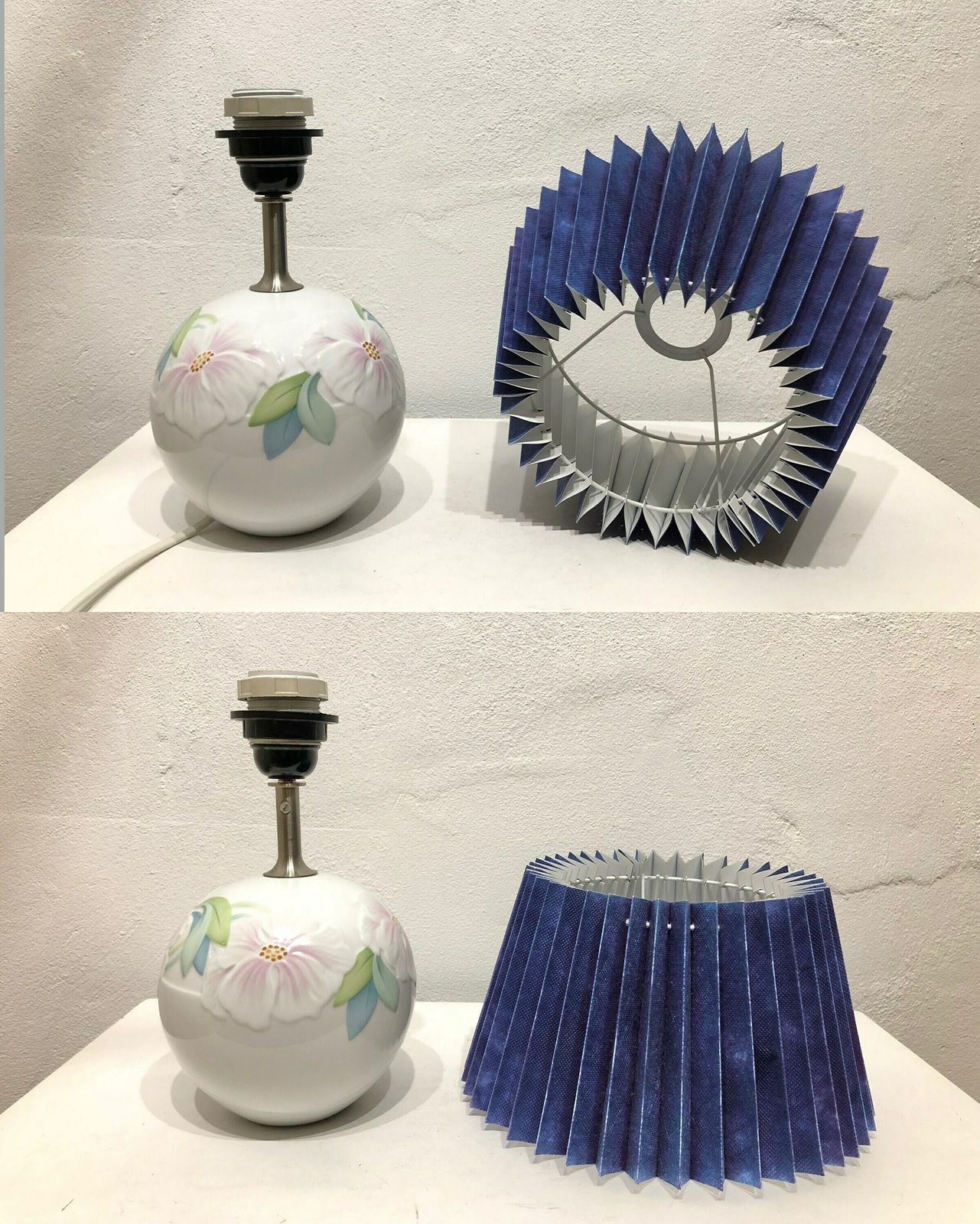 photo furniture Lampe de table Royal Copenhagen Deauville en porcelaine danoise vintage, à décoration florale et abat-jour violet, par Annegrete Halling Koch