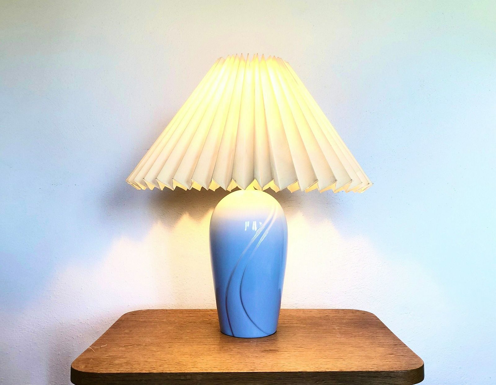 Danish Modernist Porcelain Table Lamp In Pastel Blue With Organic Pattern And Vintage Beige Pleated Fabric Shade   Design By Scan Lamps