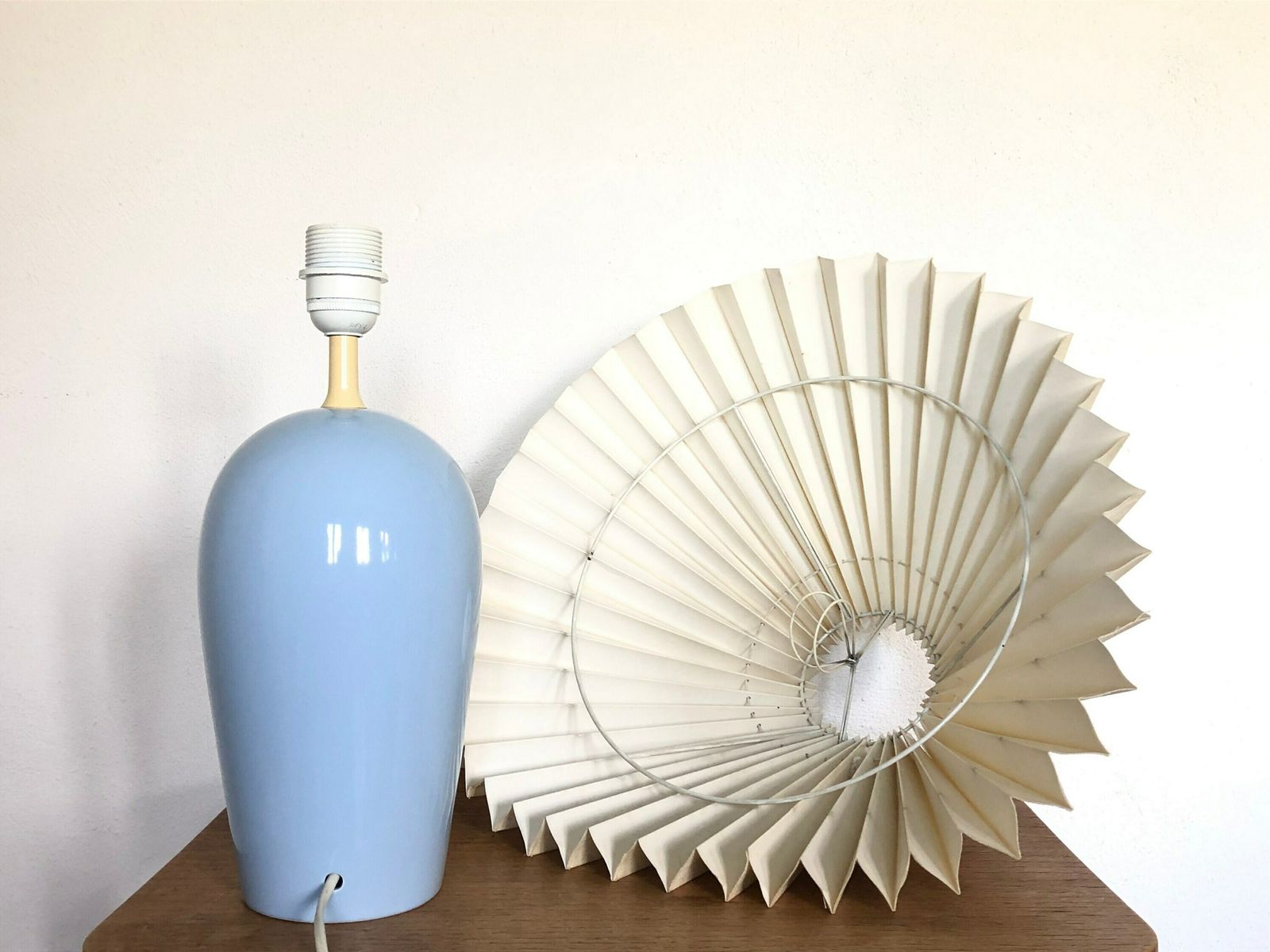 Danish Modernist Porcelain Table Lamp In Pastel Blue With Organic Pattern And Vintage Beige Pleated Fabric Shade   Design By Scan Lamps photo vinterior