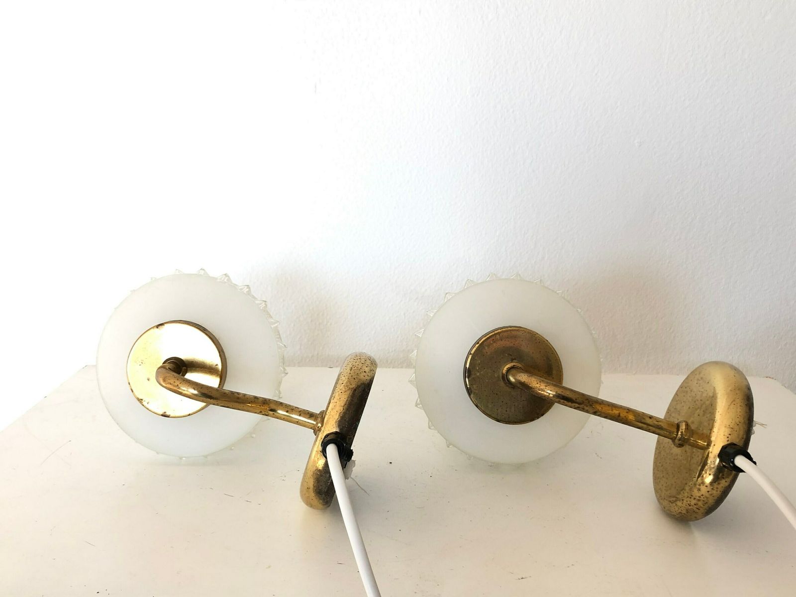 Pair Of Danish Mid Century Design Vintage Wall Lamps With Stunning Glass Shades And Brass Wall Mounts photo vintage