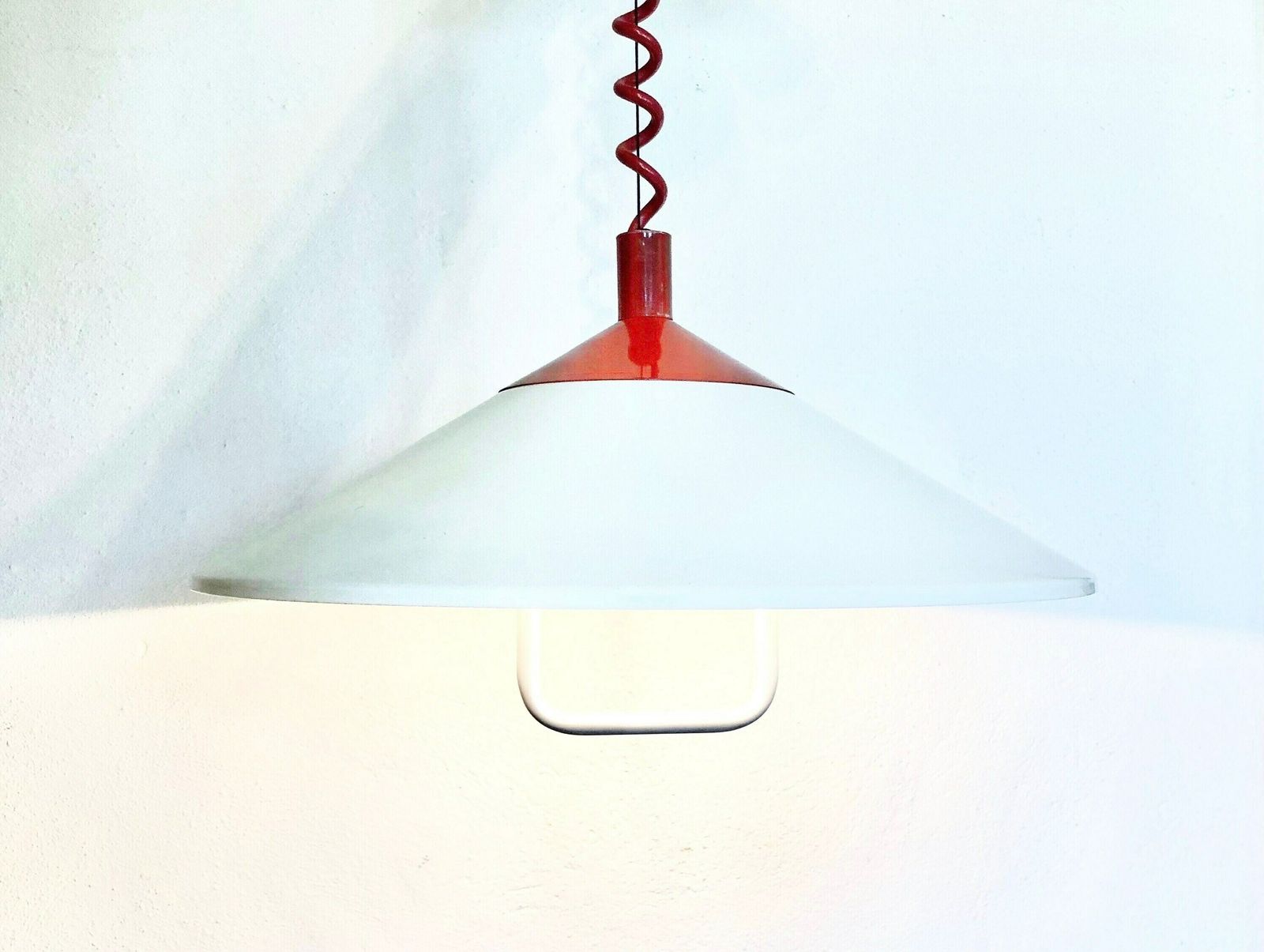 Danish Minimalist Mid Century Ceiling Lamp In White Metal With Red Details