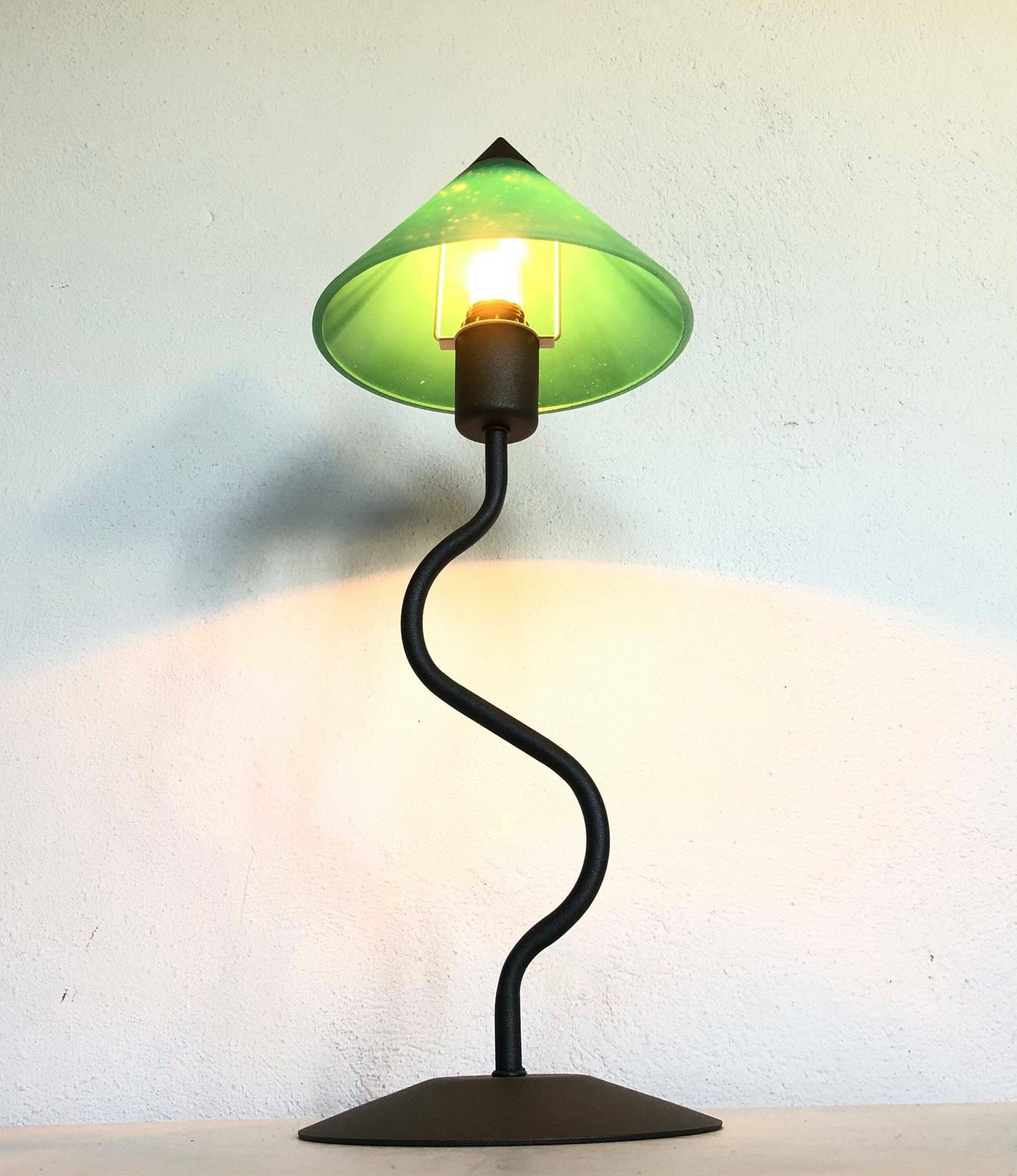 Danish Postmodern Table Lamp In Organic Shaped Swaying Metal Base And Pointy Green Glass Shade   Design From E.S. Horn photo furniture