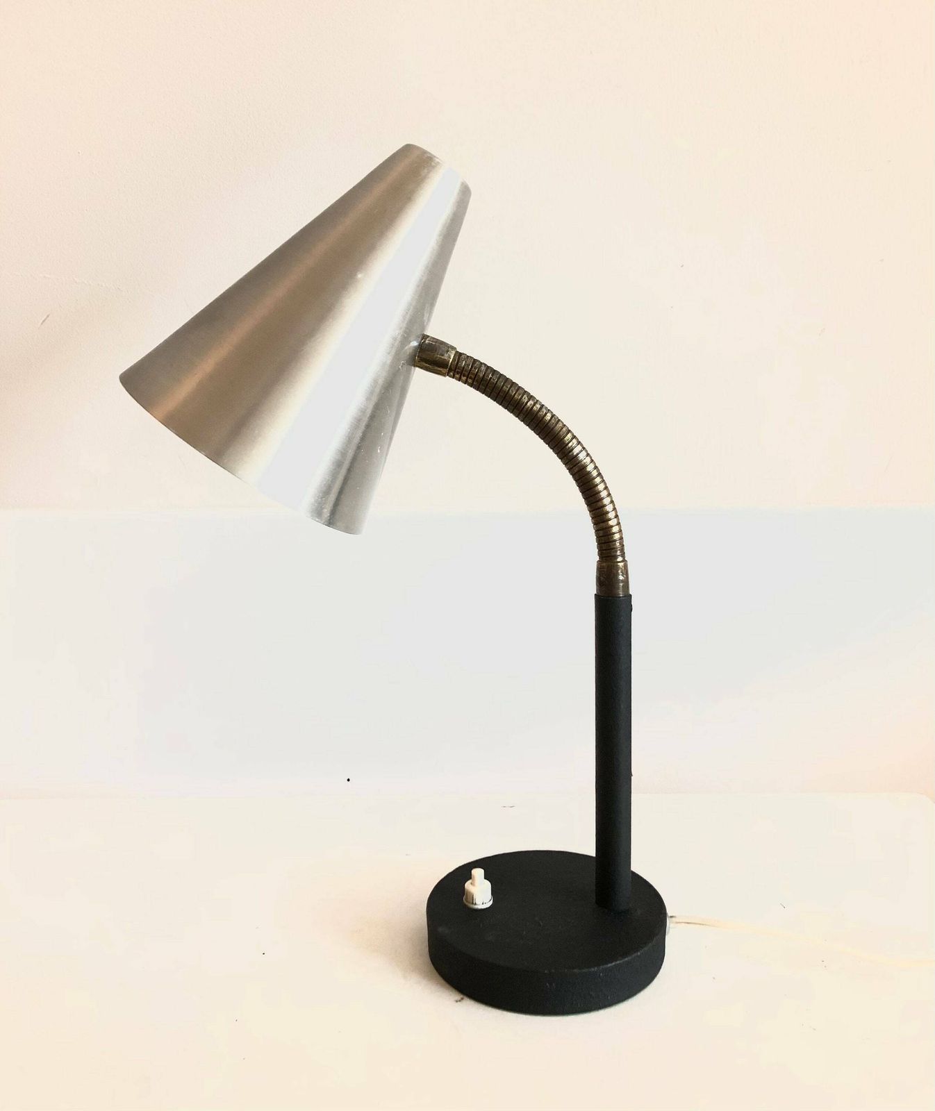 Vintage Classic Table Lamp In Cool Design With Aluminium Shade, Flexible Metal Neck And Patinated Black Metal Base photo furniture