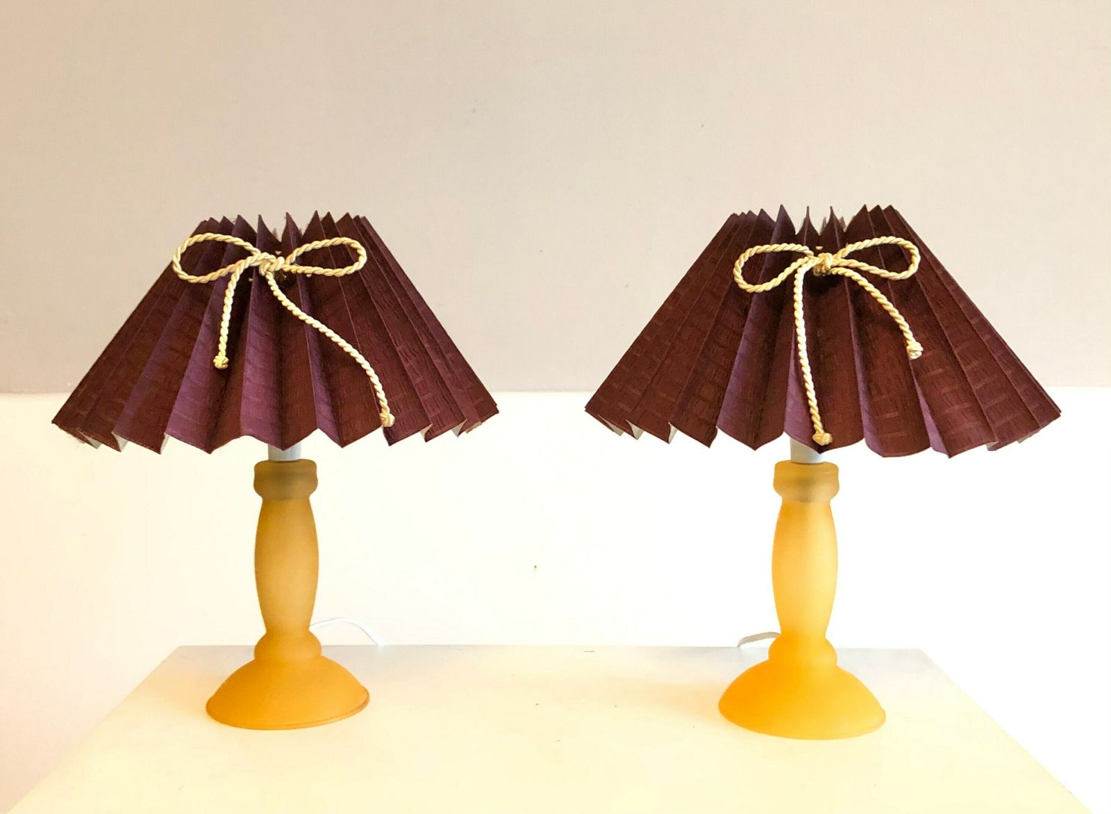 Pair Of Danish Mid Century Glass Table Lamps In Yellow With Purple Patterned Pleated Shades   Design By Plus Lys photo for sale