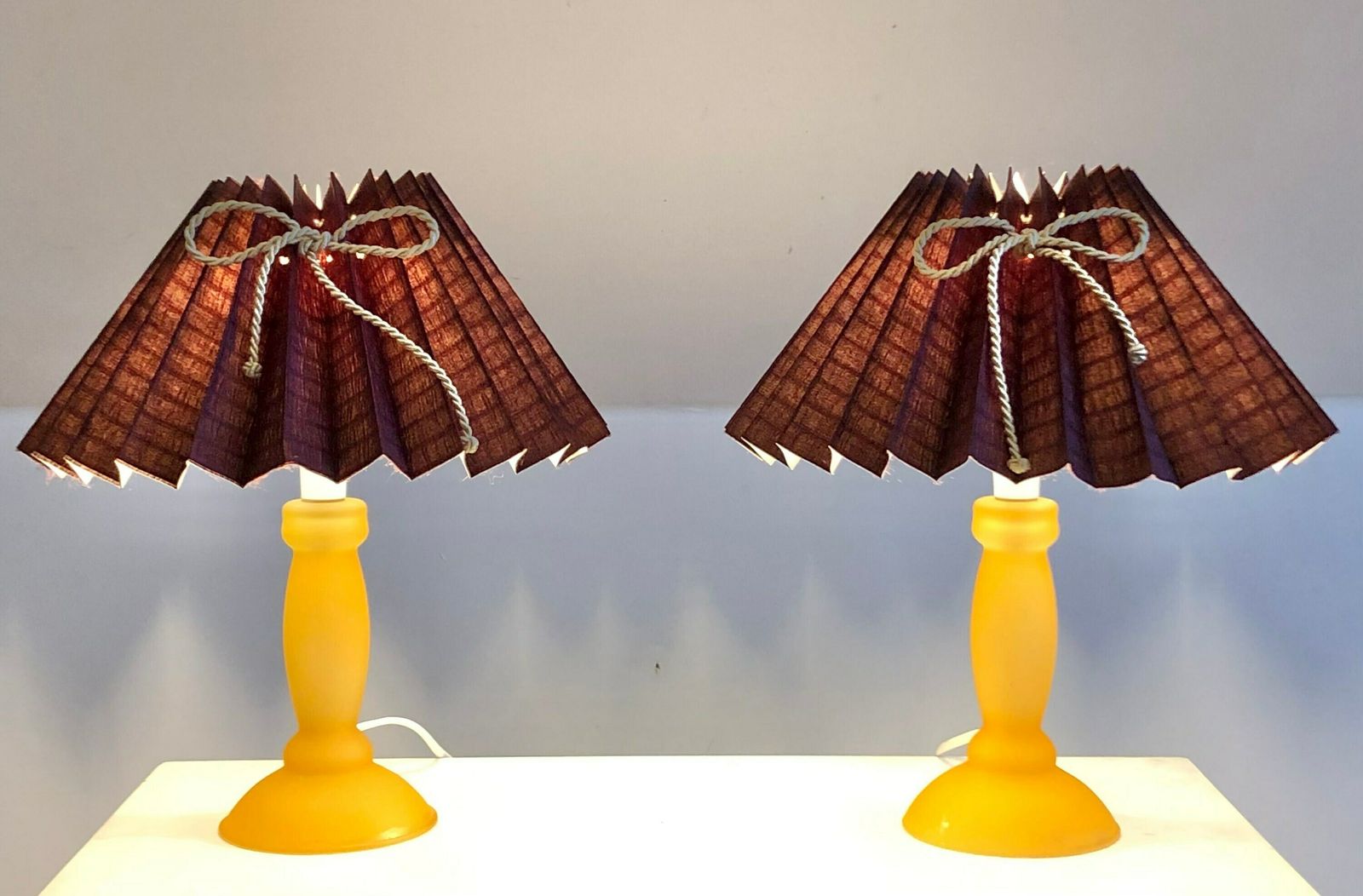 Pair Of Danish Mid Century Glass Table Lamps In Yellow With Purple Patterned Pleated Shades   Design By Plus Lys photo Lighting
