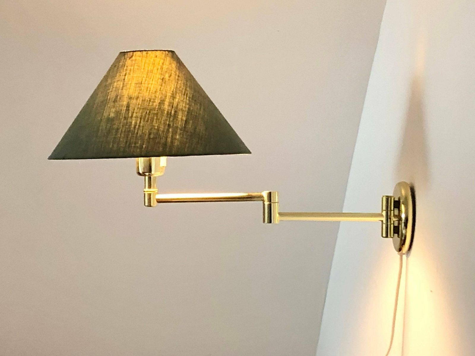 Mid Century Danish Swing Arm Design Wall Lamp In Brass With Original Vintage Green Fabric Shade photo furniture