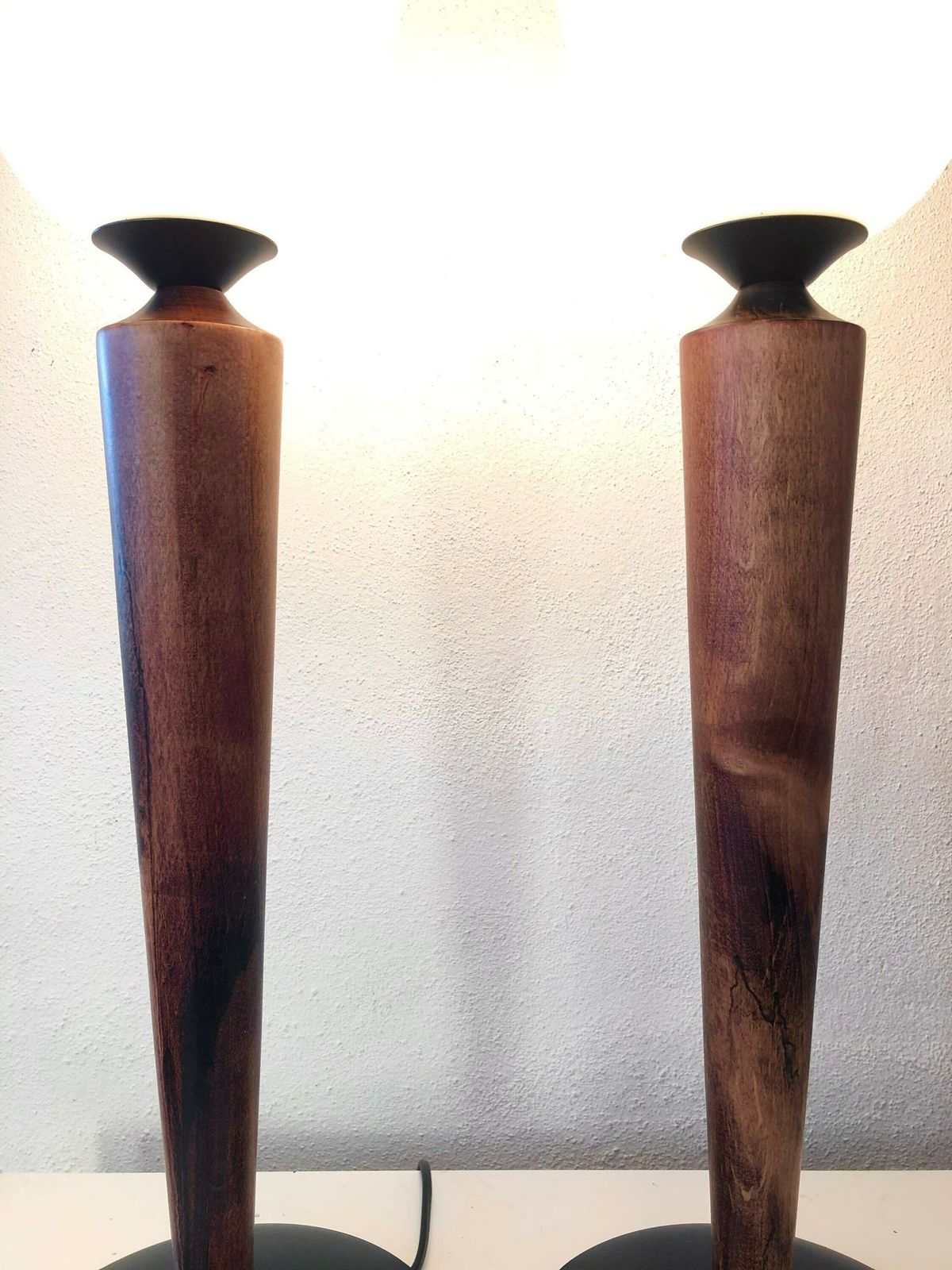 Pair Of Vintage Othello Wooden Table Lamps With White Glass Shades   Design From Société Centrale D’eclairage (Sce) photo vinterior