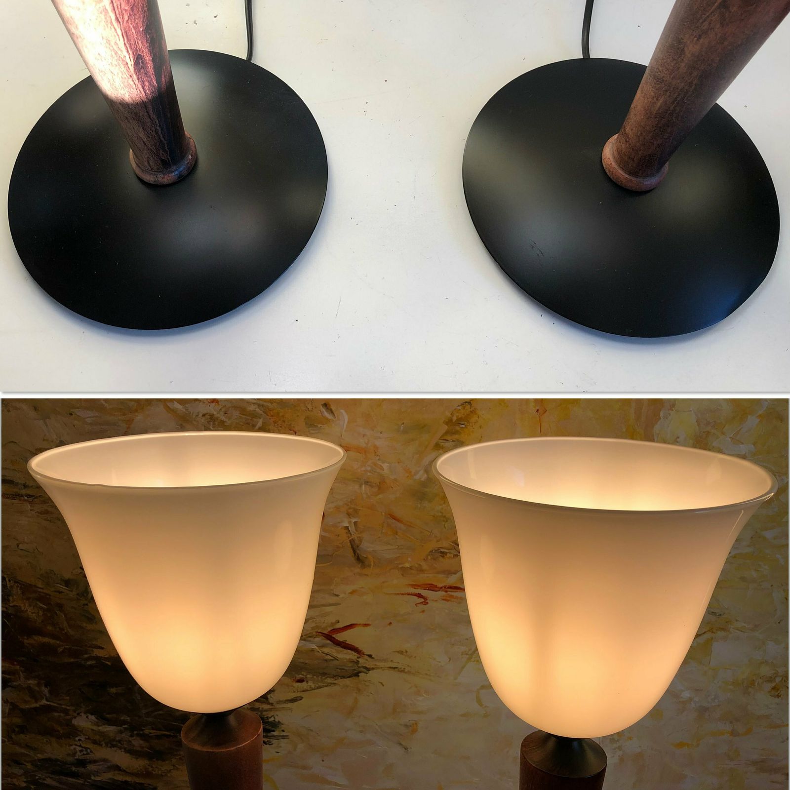 Pair Of Vintage Othello Wooden Table Lamps With White Glass Shades   Design From Société Centrale D’eclairage (Sce) photo vintage