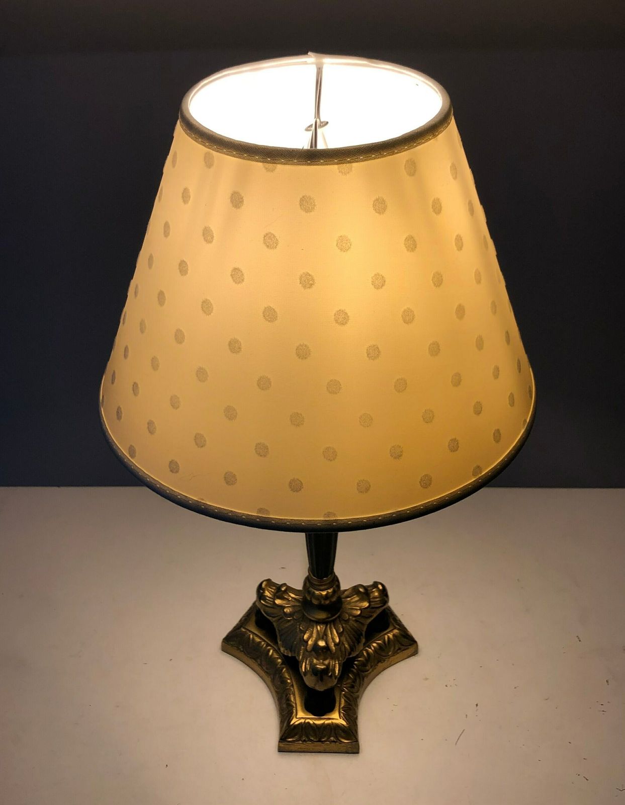 Empire Style Tripod Table Lamp In Brass And Black Painted Metal With Organic Shapes, Lion Feet And Off White Fabric Shade With Dots photo furniture