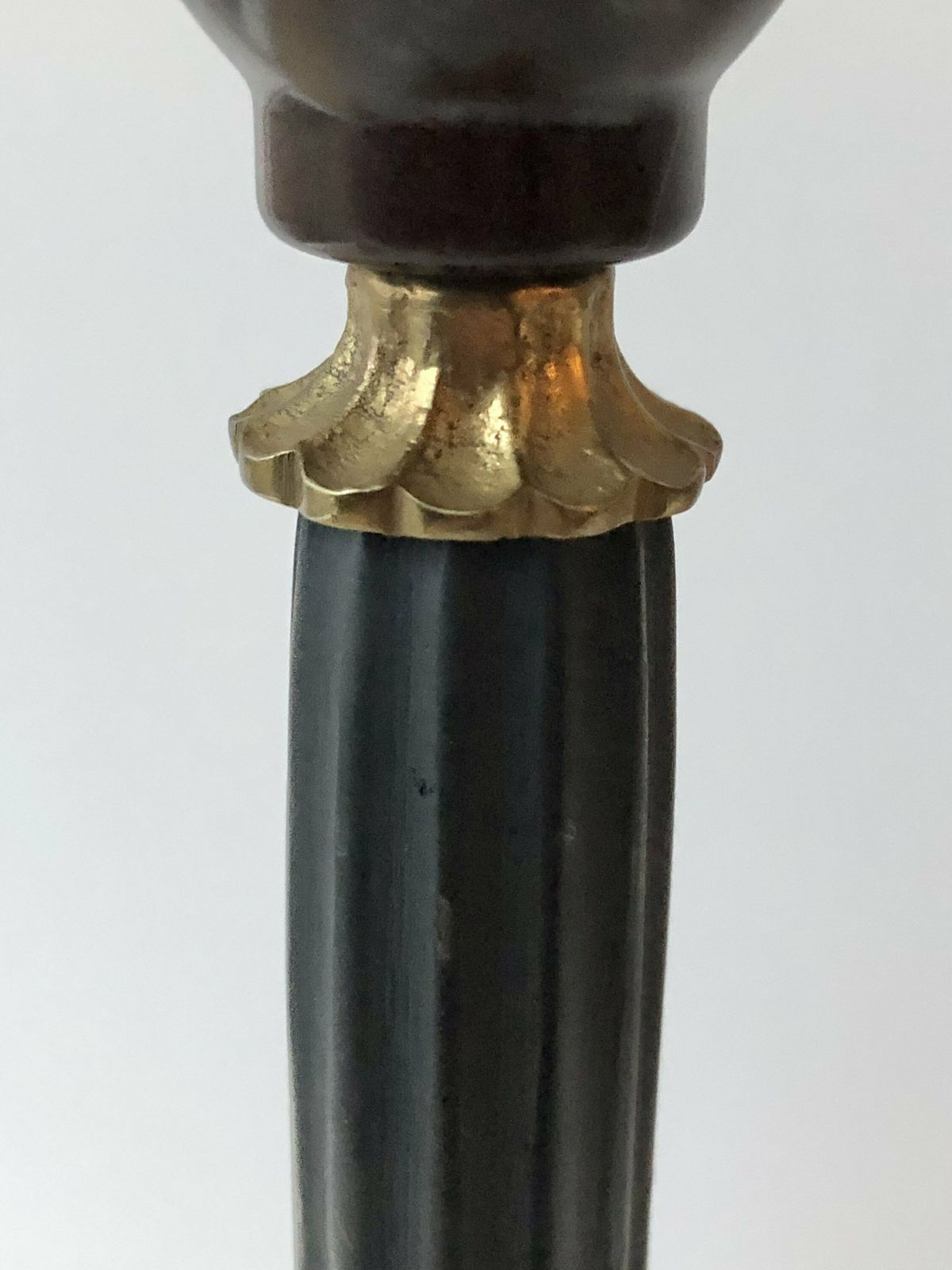 Empire Style Tripod Table Lamp In Brass And Black Painted Metal With Organic Shapes, Lion Feet And Off White Fabric Shade With Dots photo vintage