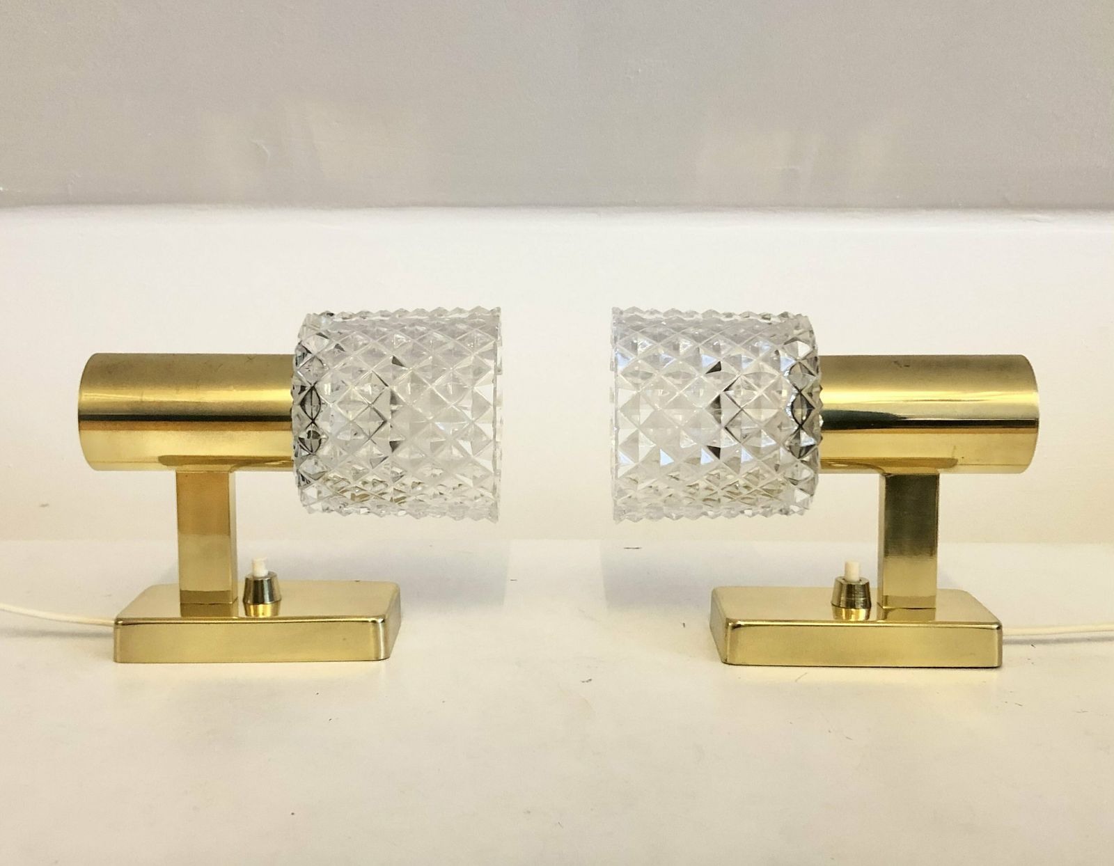 Pair Of Elegant Danish Mid Century Brass Wall Lamps In Modernist Design With Beautiful Crystal Shades photo 245.0