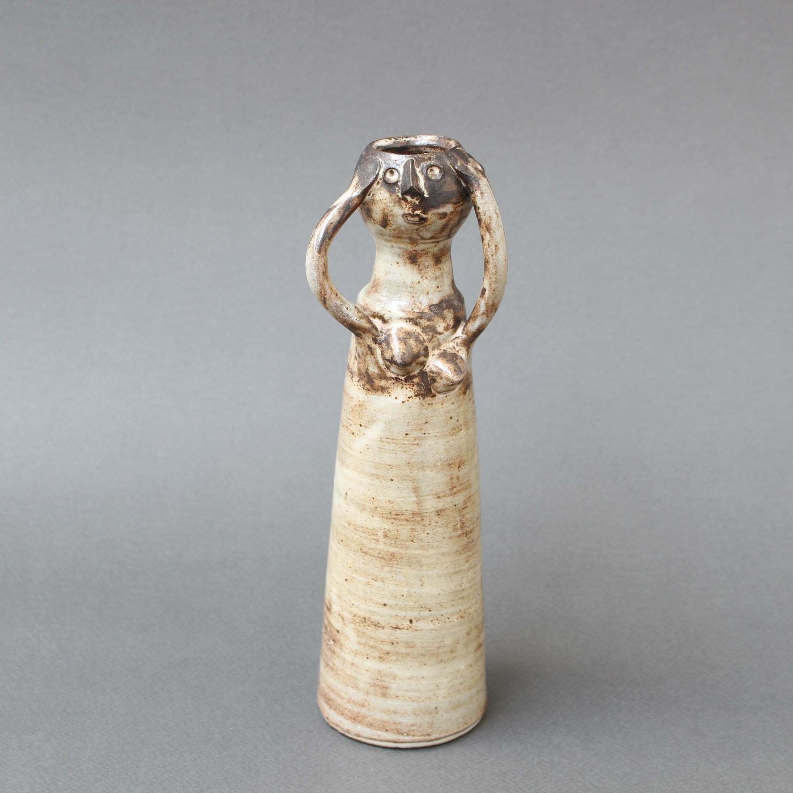 French Glazed Ceramic Woman With Arms Raised By Jacques Pouchain (Circa 1960s)