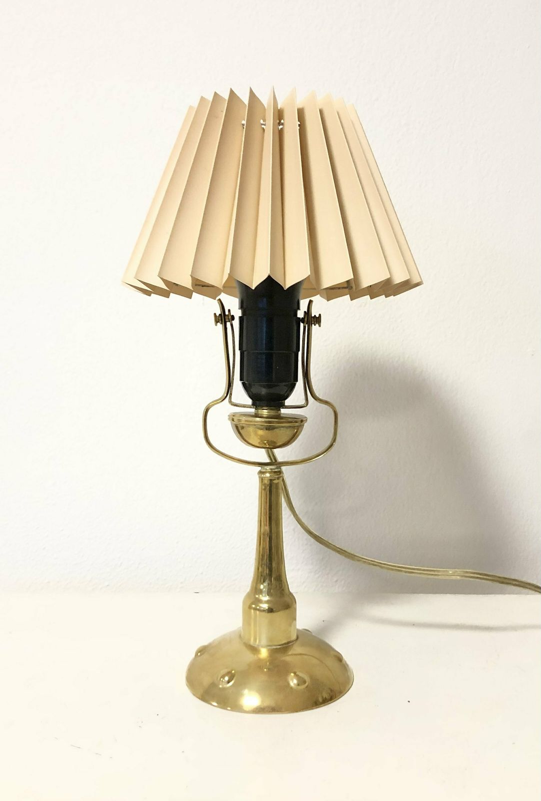 Elegant Danish Vintage Art Deco Brass Table Or Wall Lamp In Organic Shape With Beige Plastic Pleated Shade photo buy