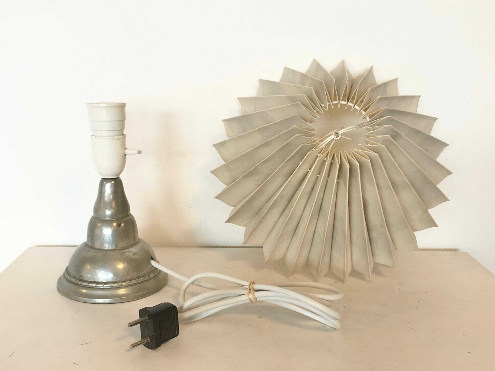 Danish Art Deco Hammered Pewter Table Lamp In Organic Shape With Decoration And Vintage Fabric Pleated Shade   Design By Hags, Denmark photo vintage