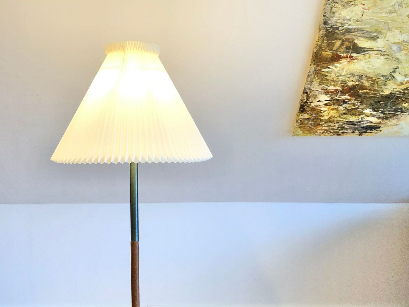 Exclusive Vintage Mid Century Danish Floor Lamp In Metal With Teak Wood Details And Large Original Le Klint White Pleated Shade photo furniture