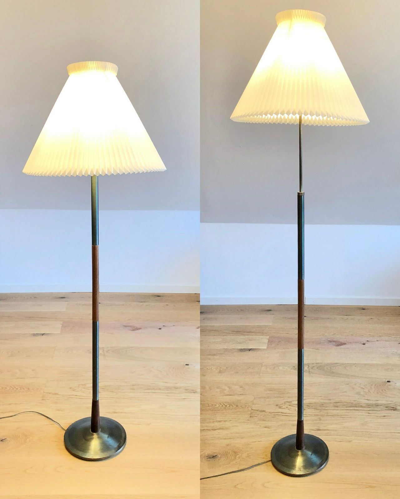 Exclusive Vintage Mid Century Danish Floor Lamp In Metal With Teak Wood Details And Large Original Le Klint White Pleated Shade photo 639.0