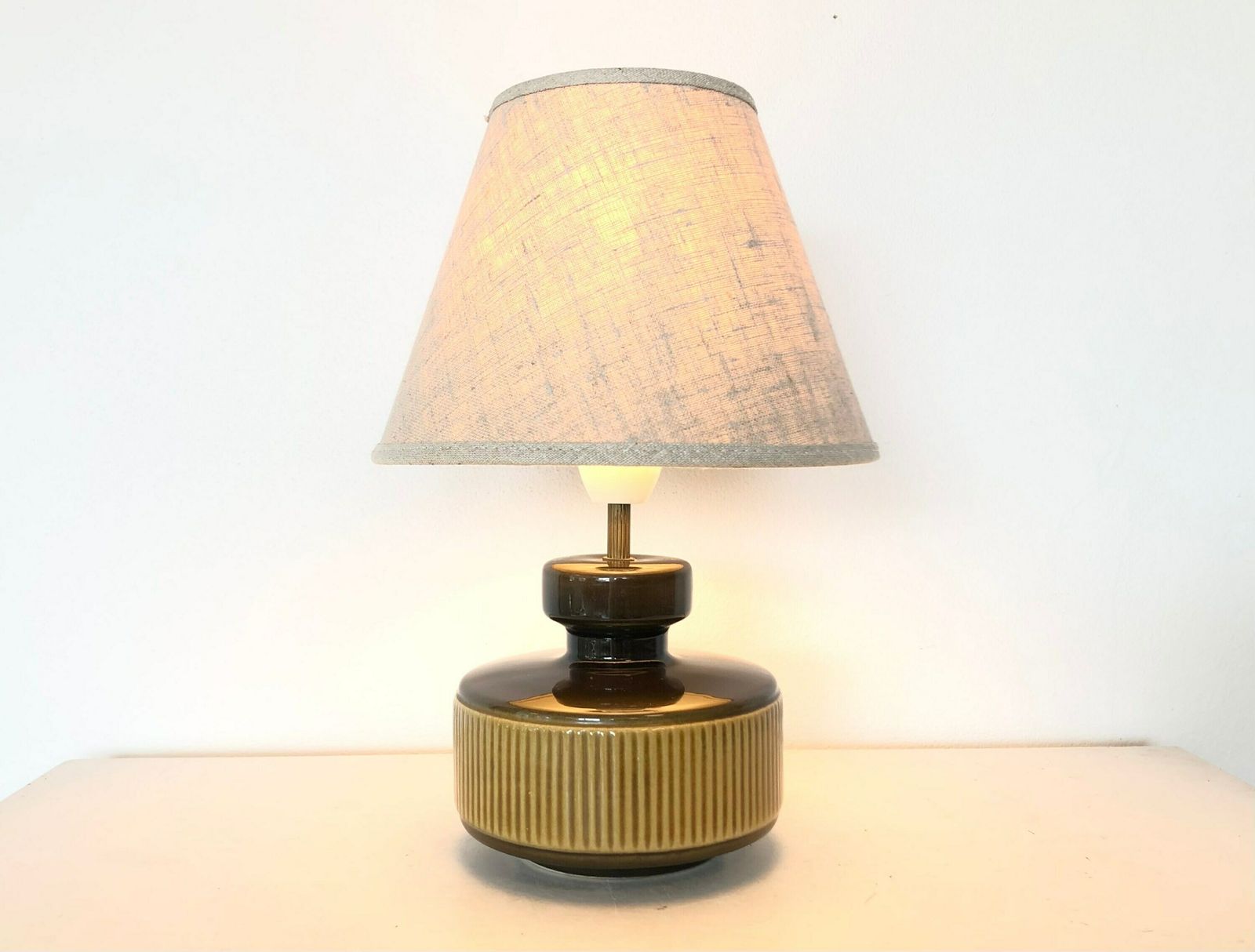 Danish Mid Century Modern Ceramic Table Lamp With Green And Yellow Glaze And Gorgeous Ridges   Design By Søholm, Bornholm Denmark