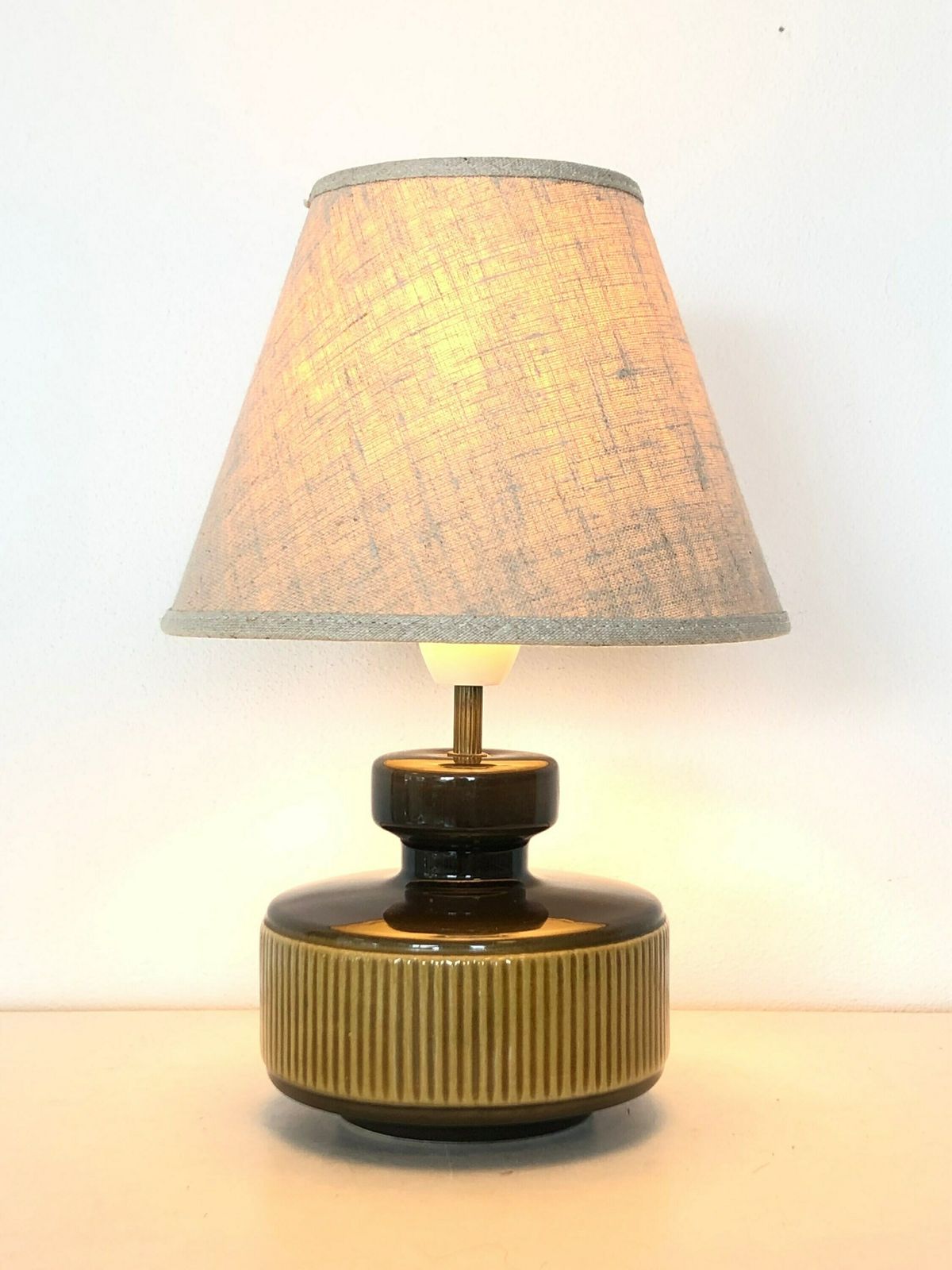 Danish Mid Century Modern Ceramic Table Lamp With Green And Yellow Glaze And Gorgeous Ridges   Design By Søholm, Bornholm Denmark photo Lighting