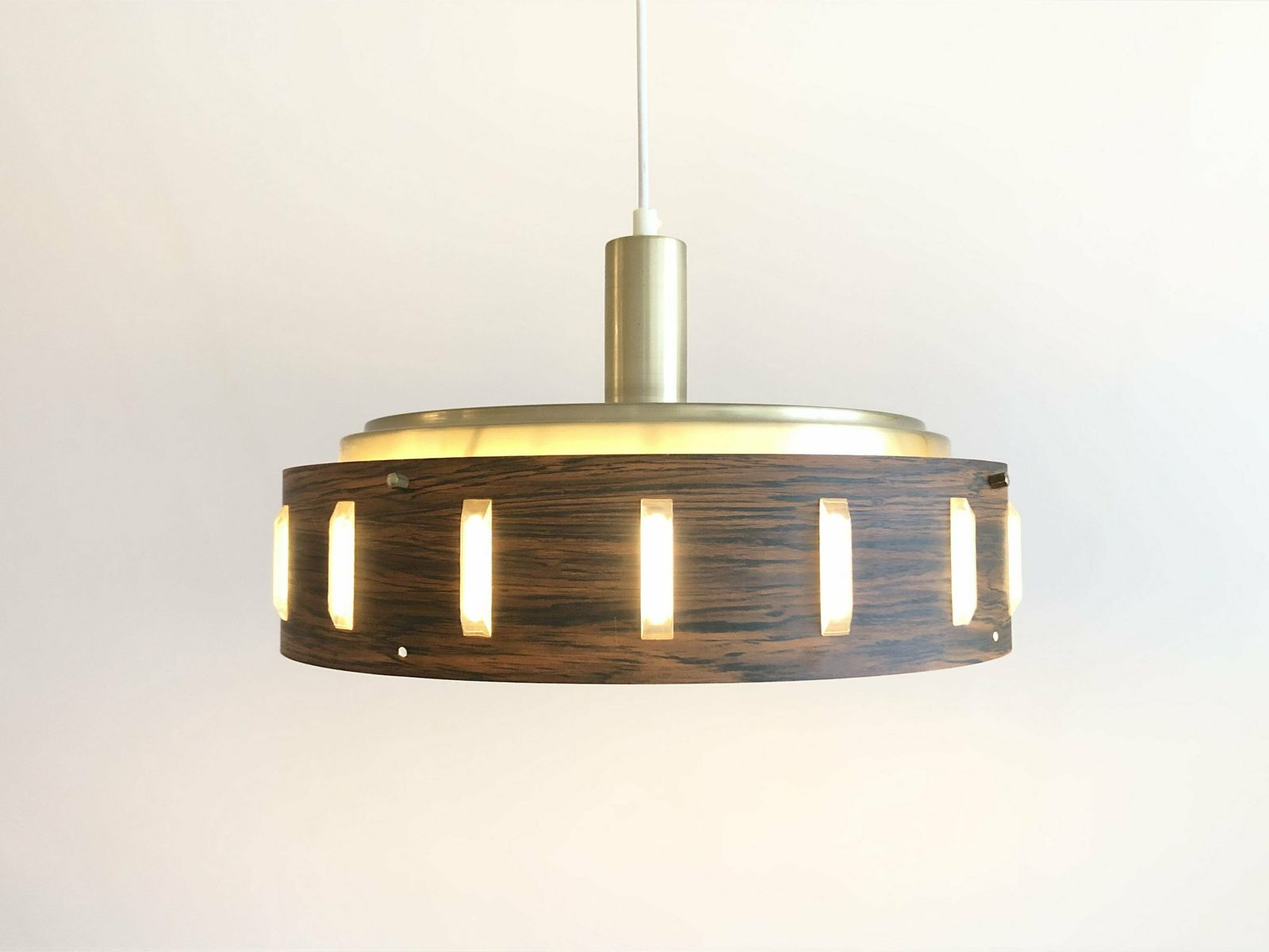 Danish Mid Century Modern Design Ceiling Lamp With Gold Painted Metal Shade And Cool Circular Painted Wood Patterned Shade