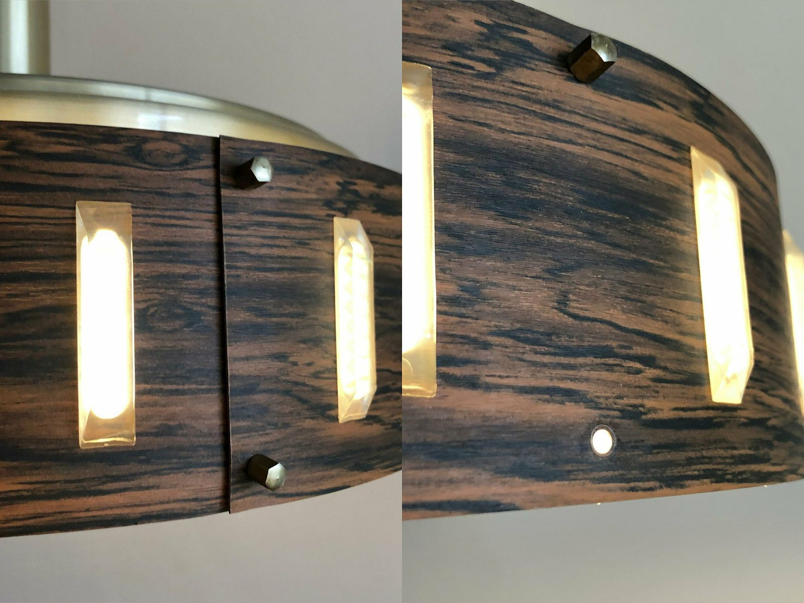 Danish Mid Century Modern Design Ceiling Lamp With Gold Painted Metal Shade And Cool Circular Painted Wood Patterned Shade photo 234.0