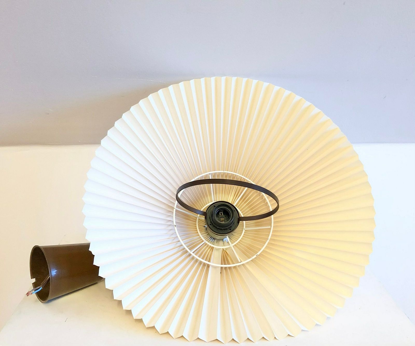 Danish Vintage Minimalist Ceiling Lamp With Beige Pleated Plastic Shade And Brown Metal Top And Hanger   Design By Lyskær Belysning photo buy