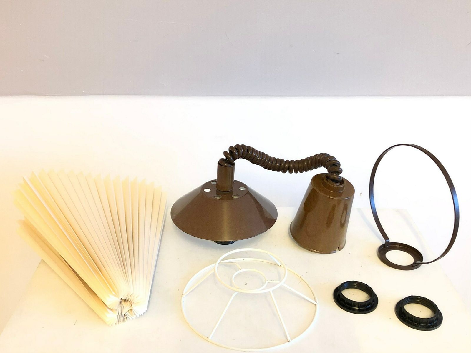 Danish Vintage Minimalist Ceiling Lamp With Beige Pleated Plastic Shade And Brown Metal Top And Hanger   Design By Lyskær Belysning photo vintage