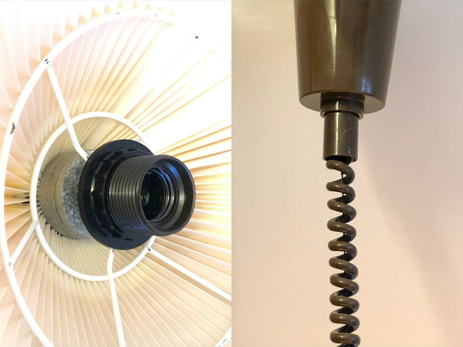 photo furniture Danish Vintage Minimalist Ceiling Lamp With Beige Pleated Plastic Shade And Brown Metal Top And Hanger   Design By Lyskær Belysning