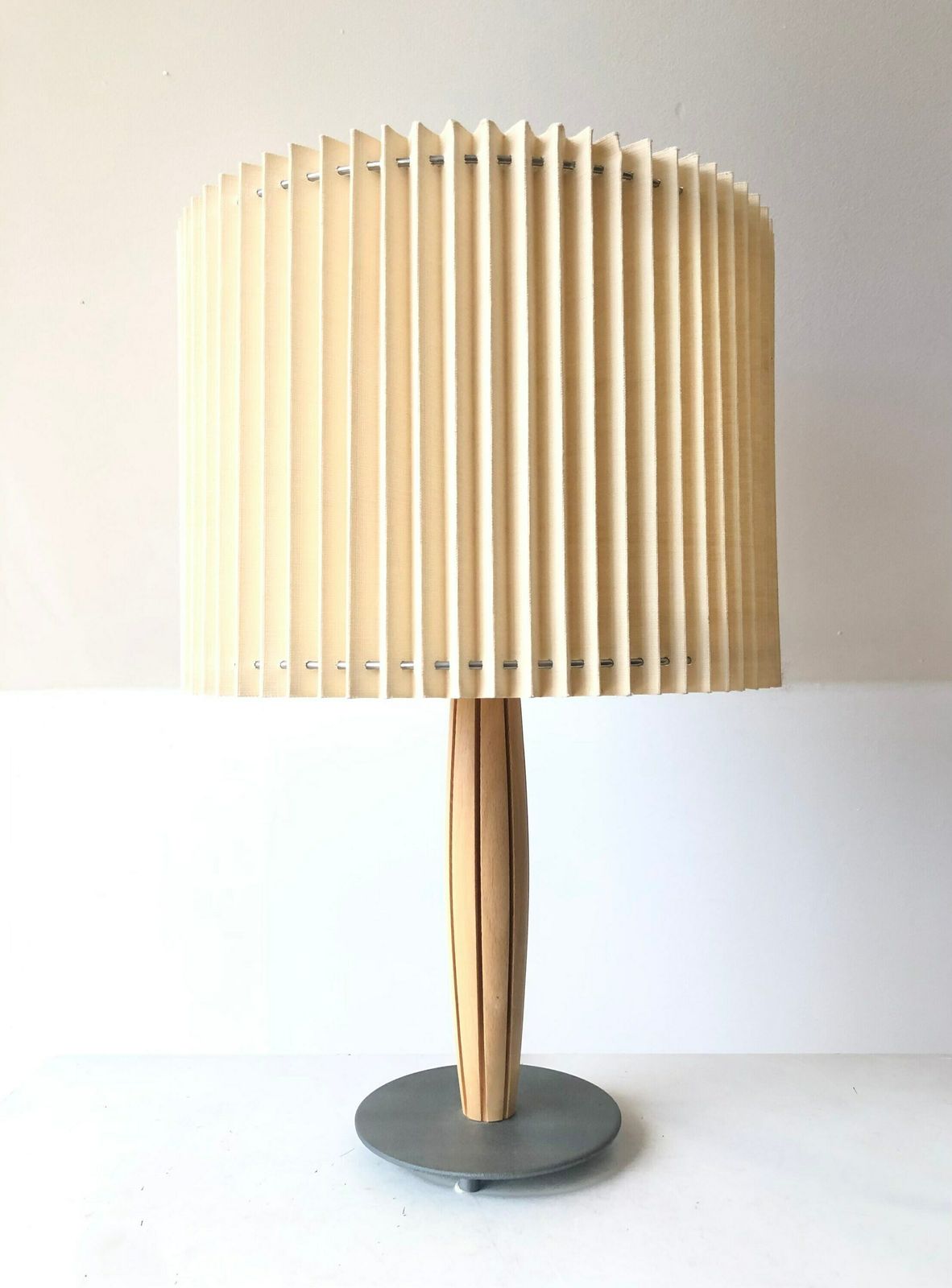 Vintage Ikea Design Postmodern Table Lamp In Beech Wood With Grooves, Dark Grey Metal Base And Beige Pleated Fabric Shade photo Lighting