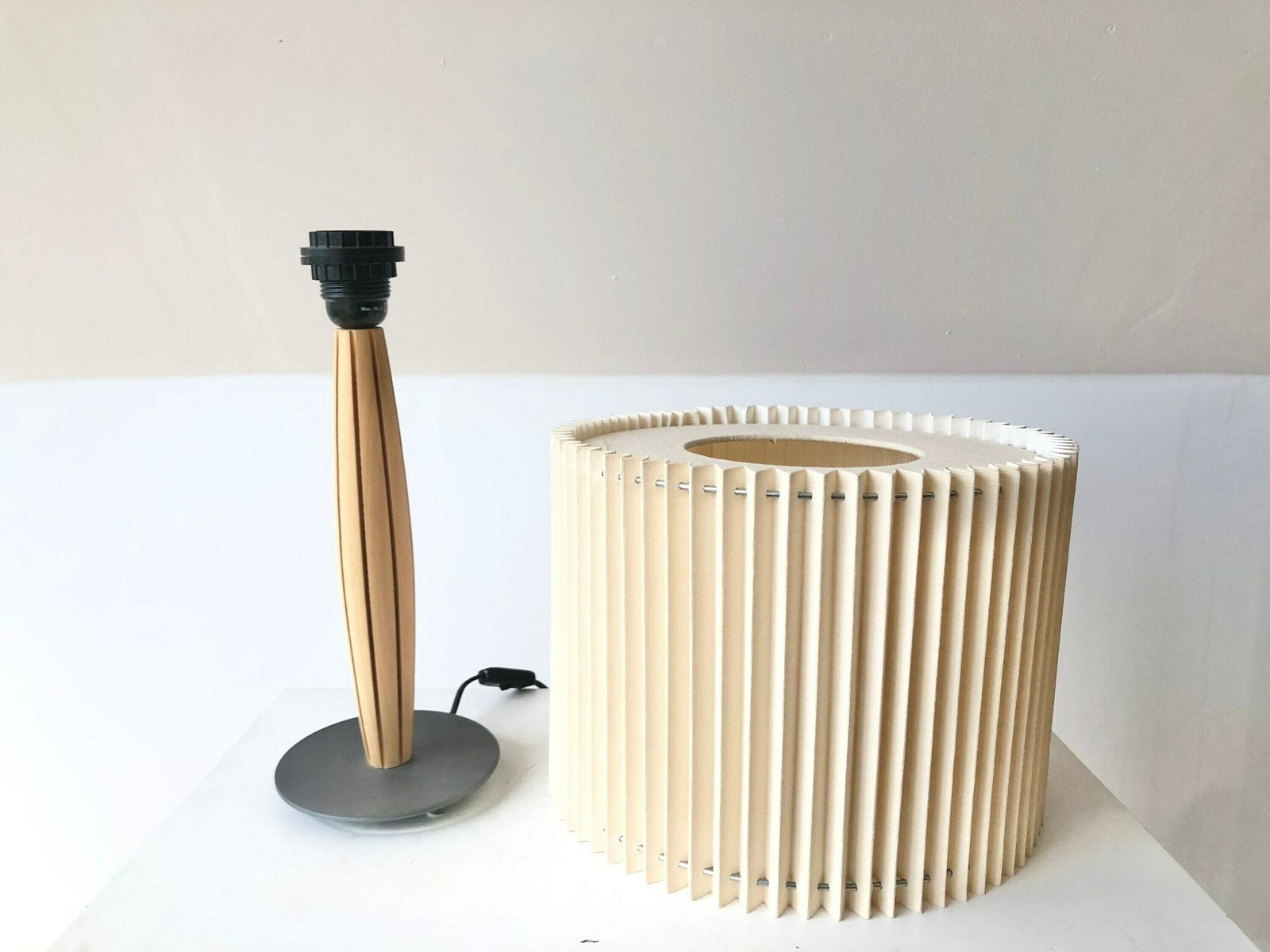 Vintage Ikea Design Postmodern Table Lamp In Beech Wood With Grooves, Dark Grey Metal Base And Beige Pleated Fabric Shade photo vintage