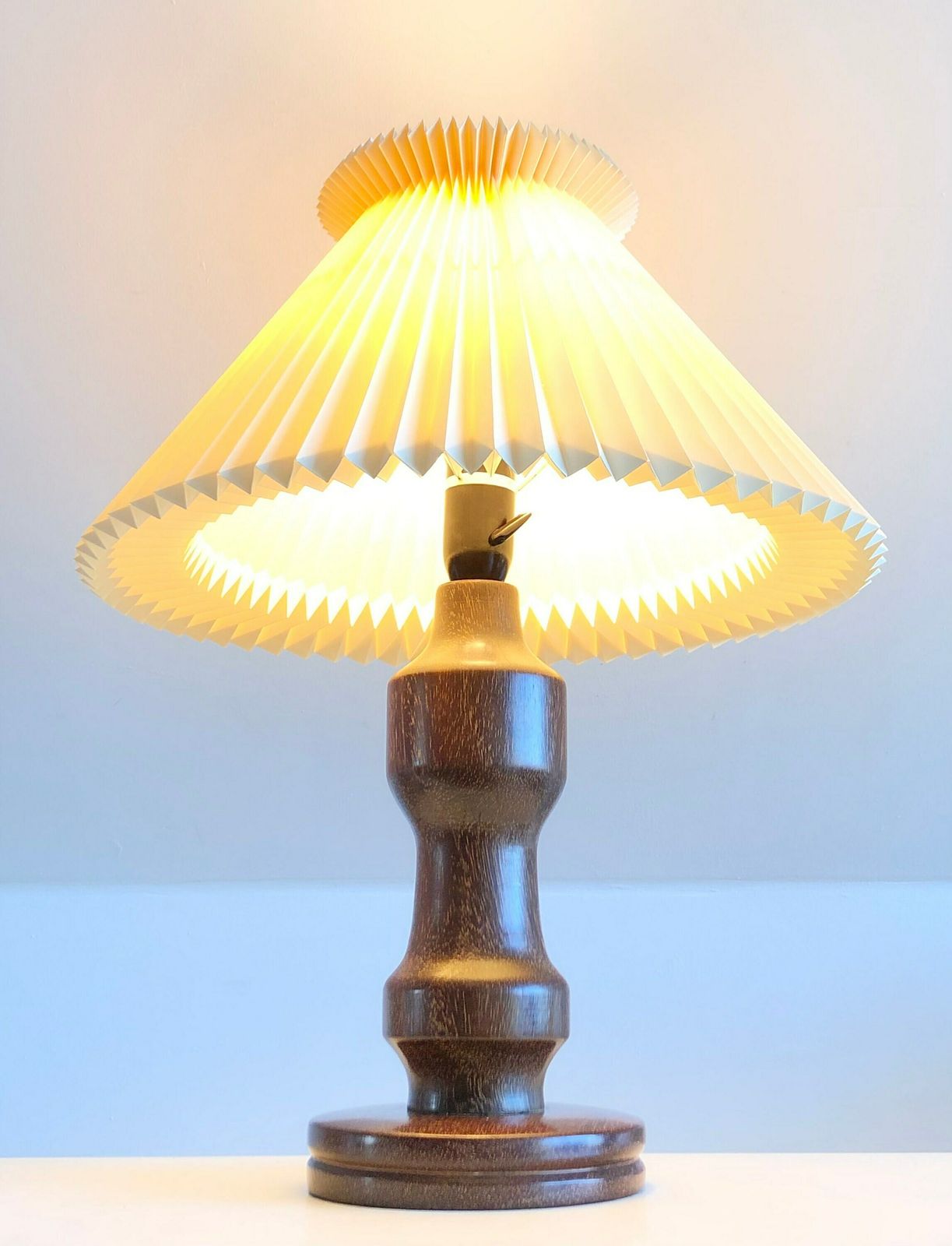Exquisite Danish Wood Sculptural Modernist Mid Century Table Lamp With Organic Shapes And Original Vintage Beige Pleated Cle Klint Shade photo furniture