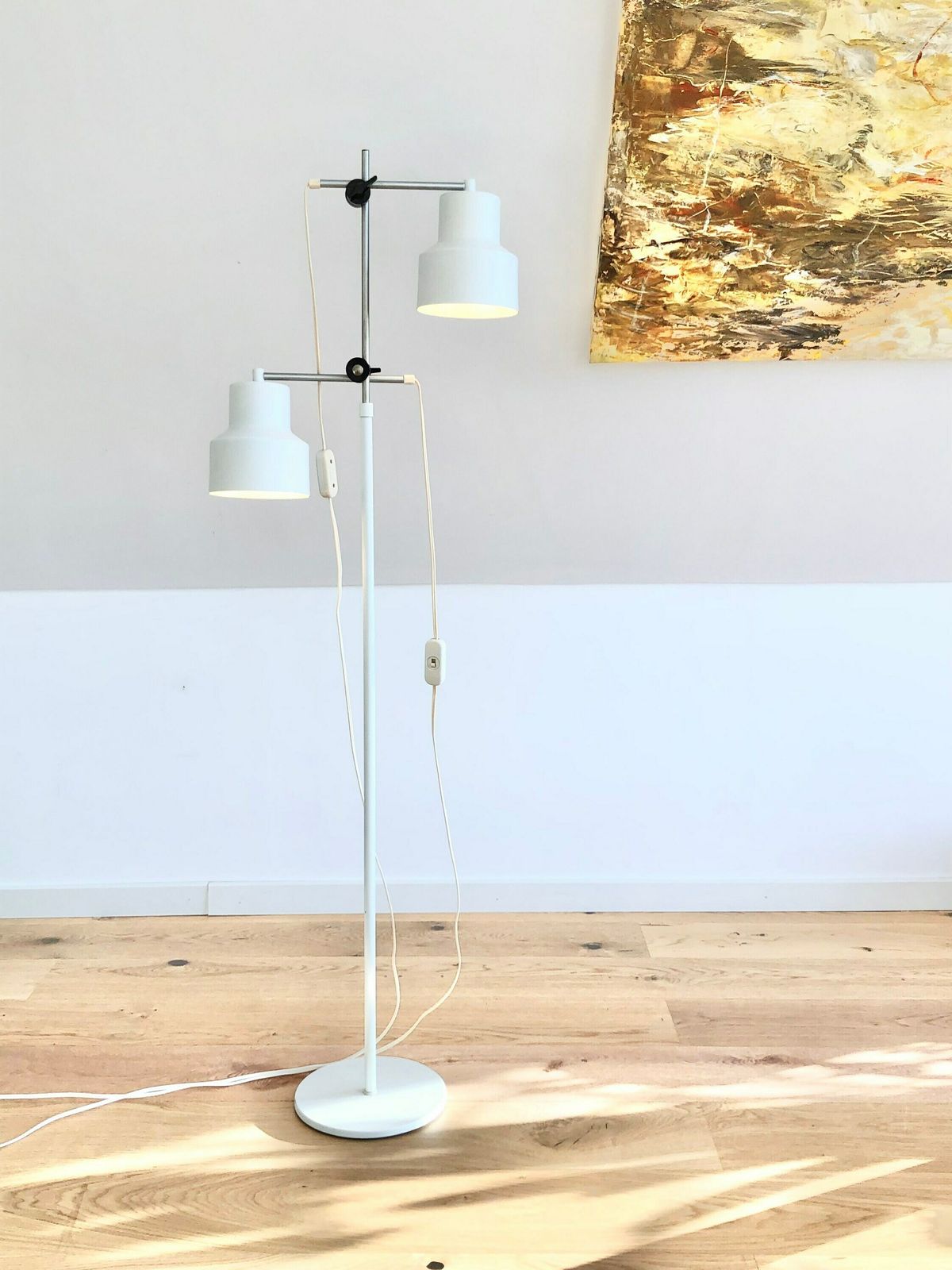 Danish Mid Century Minimalist Design Floor Lamp In White Painted Metal With Adjustable Twin Shades Snd Aluminium Details photo 443.0