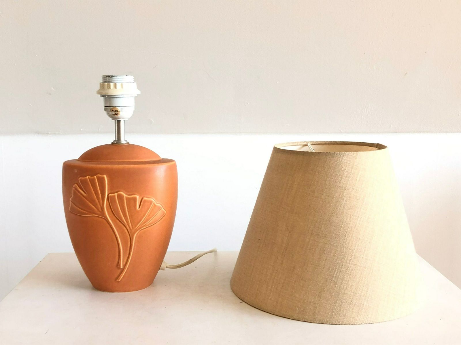 Danish Original Mid Century Modern Ceramic Table Lamp With Pale Orange Glaze And Gorgeous Leaf Relief   Design By Søholm, Bornholm Denmark photo vinterior