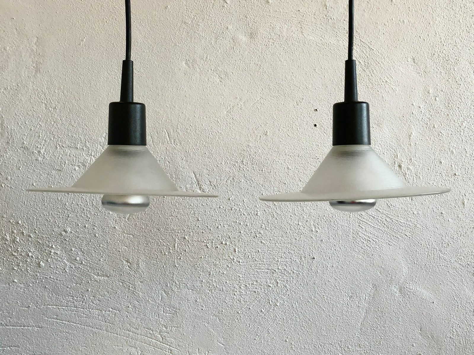 Pair Of Danish Postmodern Minimalist Ceiling Lamps In Frosted Glass With Grooved Pattern   Design From Odreco photo buy